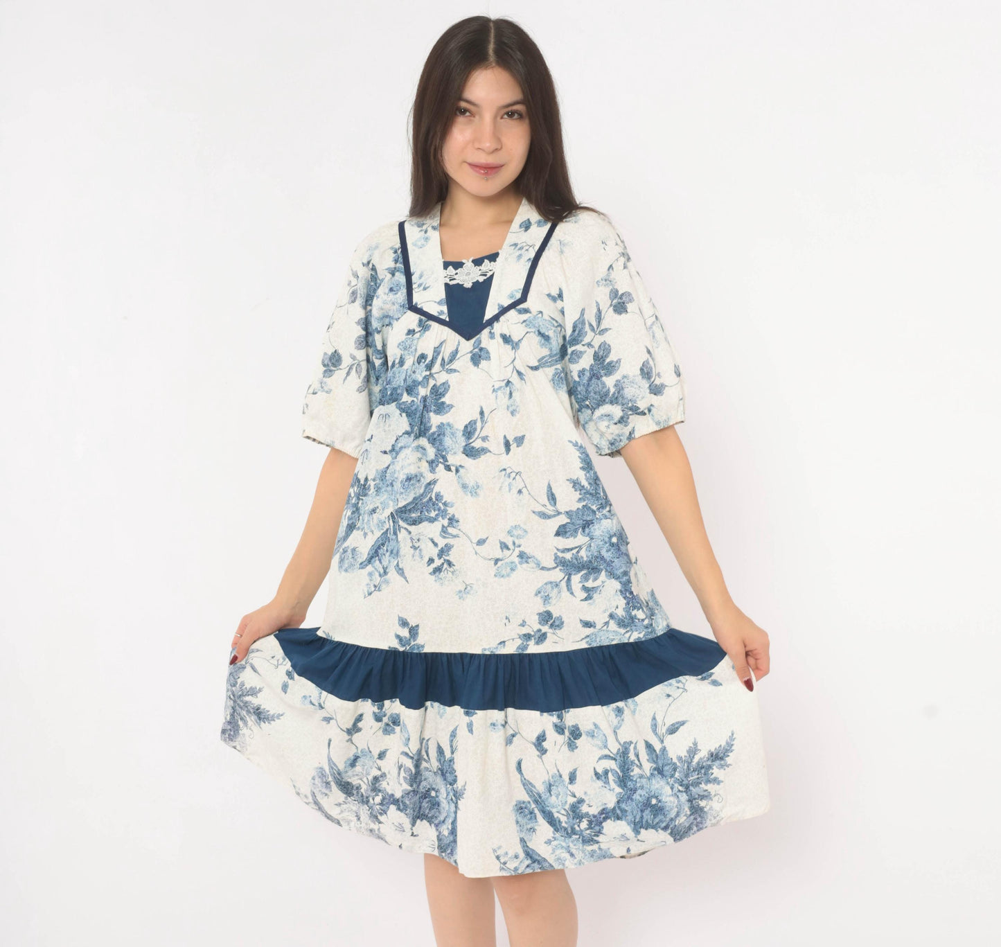 80s Liberty House Blue Floral Toile Cotton Dress V-Neck Puff Sleeve Extra Small XS