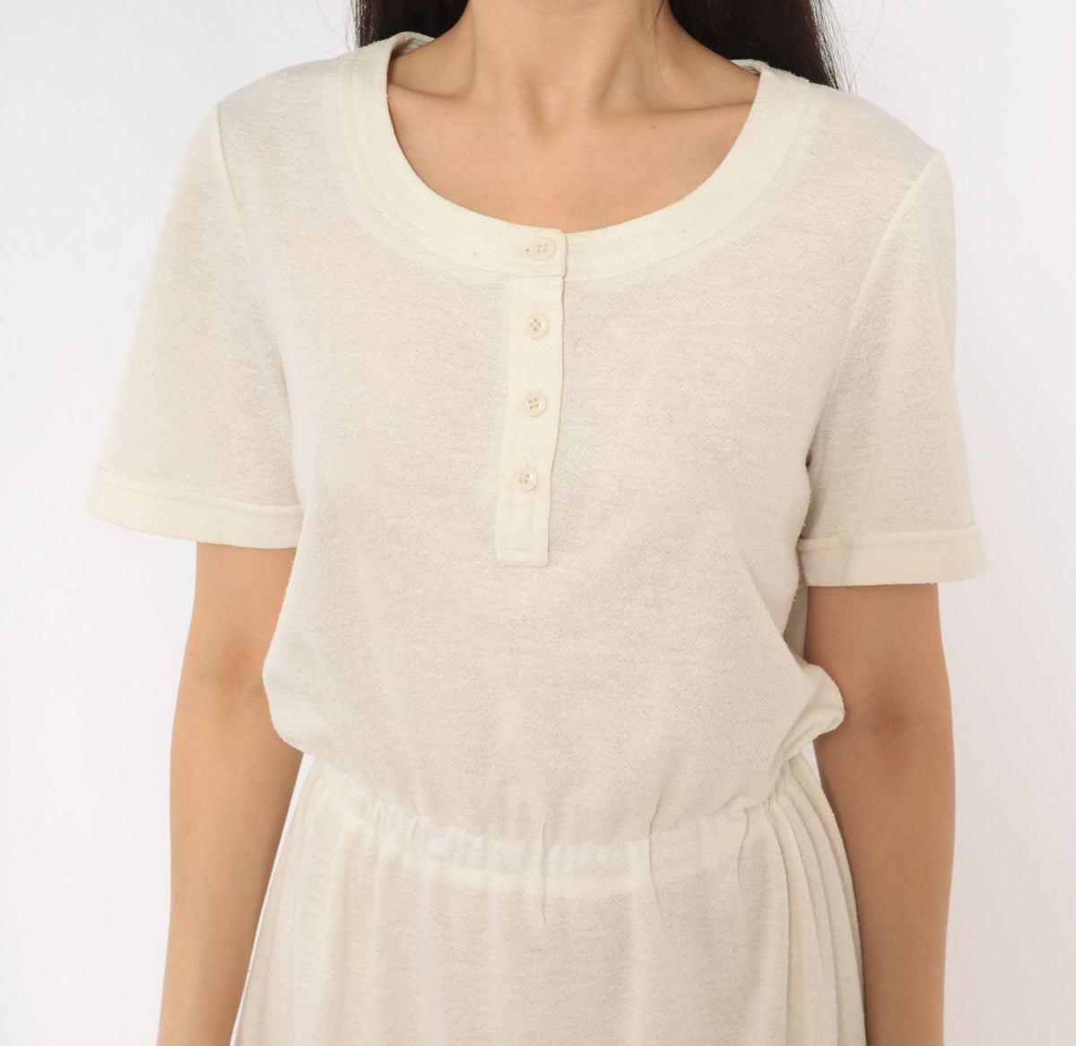 70s Cream Henley Dress Button Front A-Line Knee Length Short Sleeve Small Medium