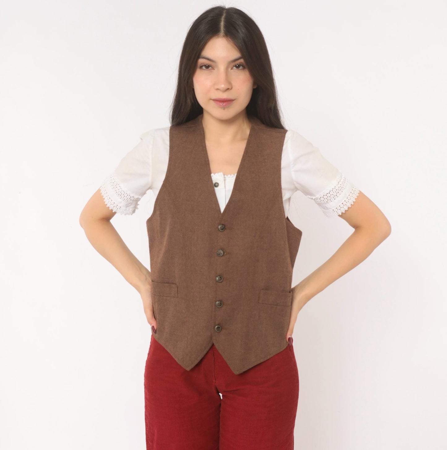 70s Angels Flight Wool Herringbone Vest Brown V-Neck Button Front Small S
