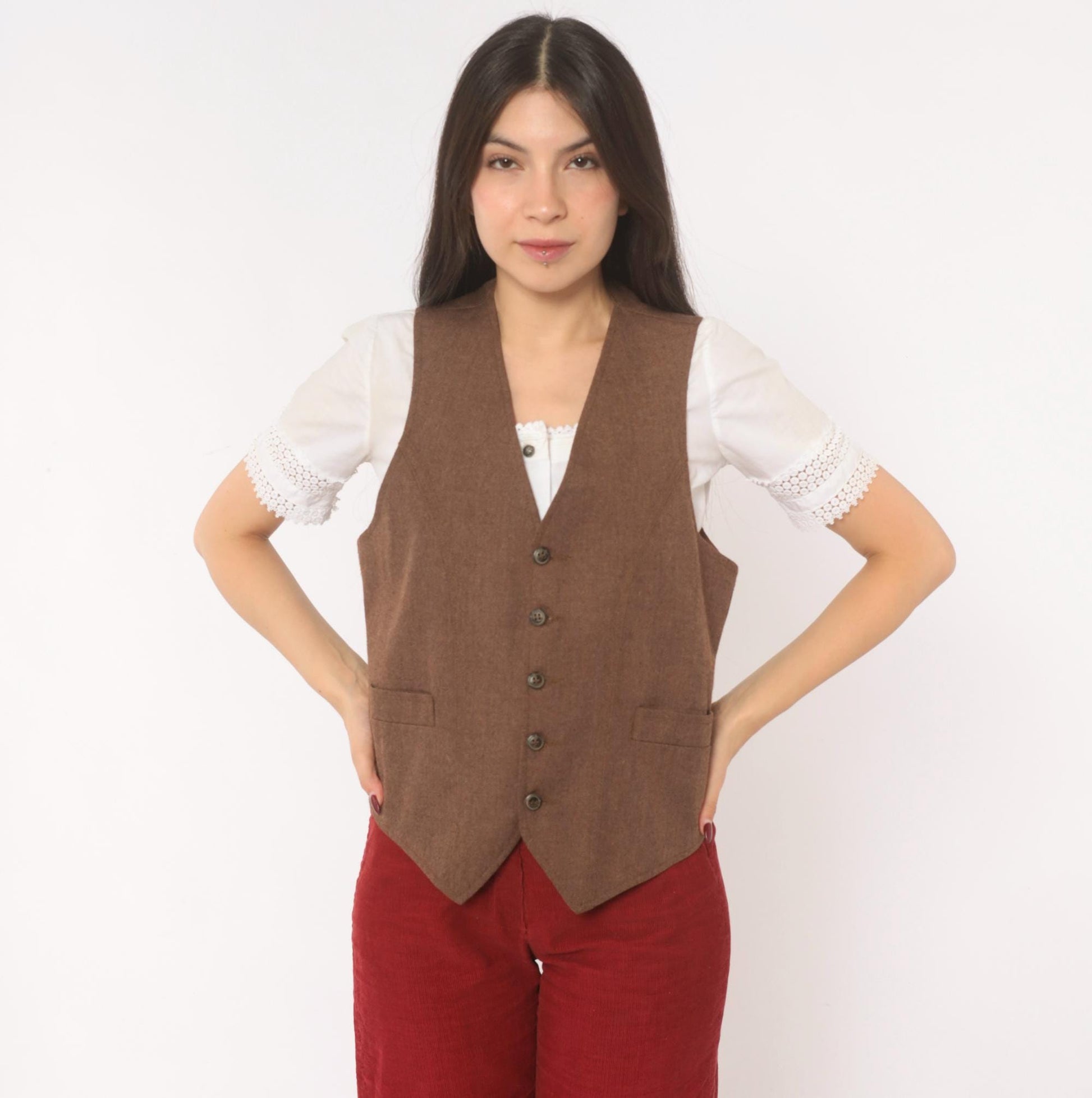 70s Angels Flight Wool Herringbone Vest Brown V-Neck Button Front Small S