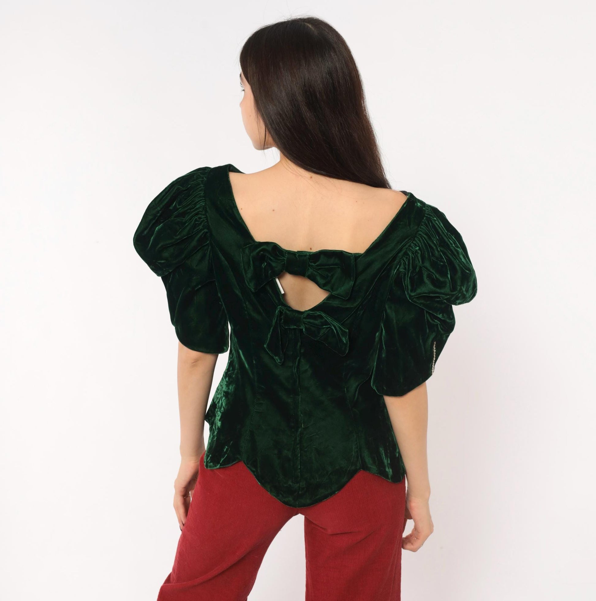 80s Emerald Velvet Puff Sleeve Blouse Forest Green Bow Back Rhinestone Medium