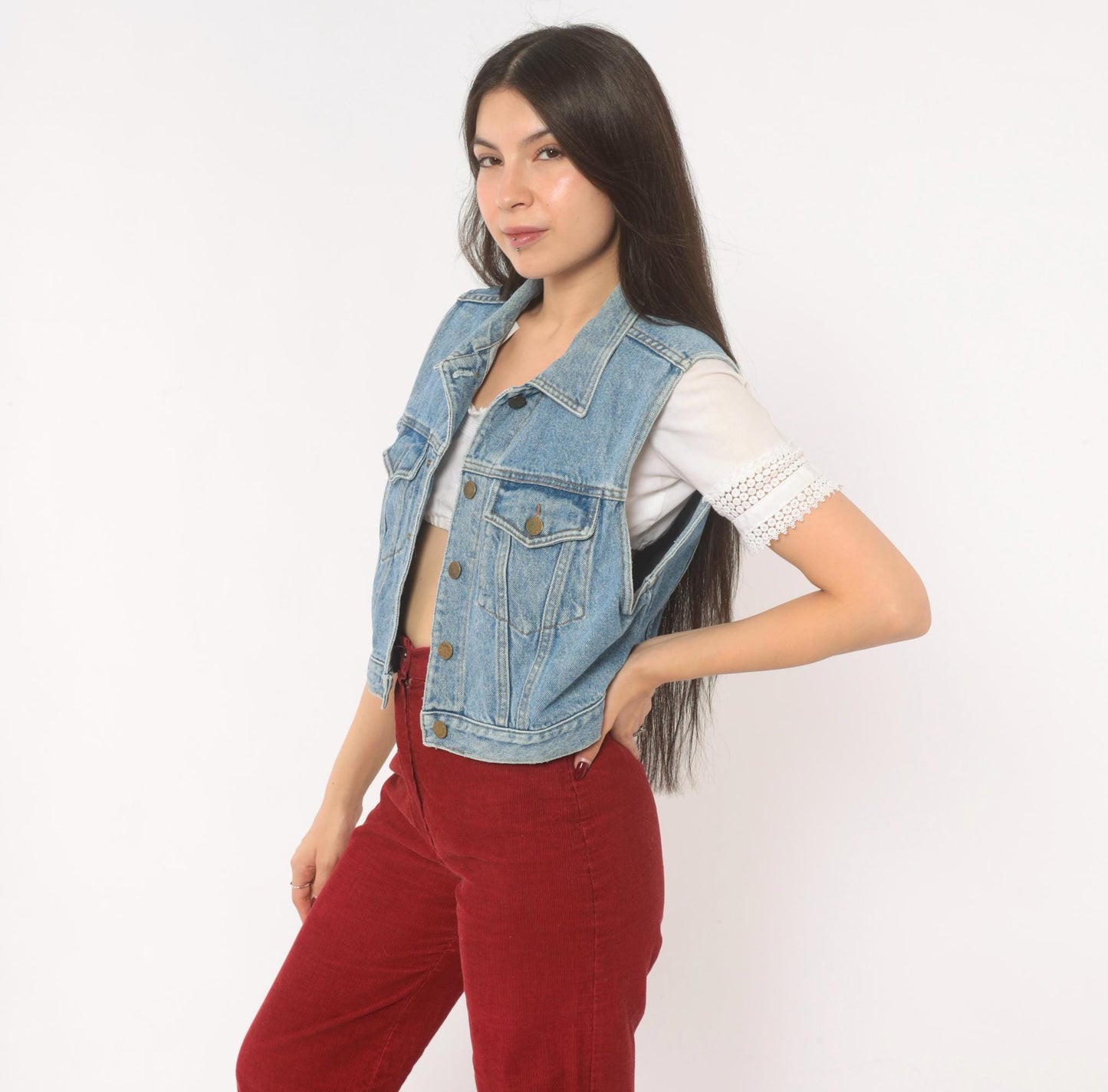 90s Karen Kane Light Blue Denim Vest Cropped Button Front Small S