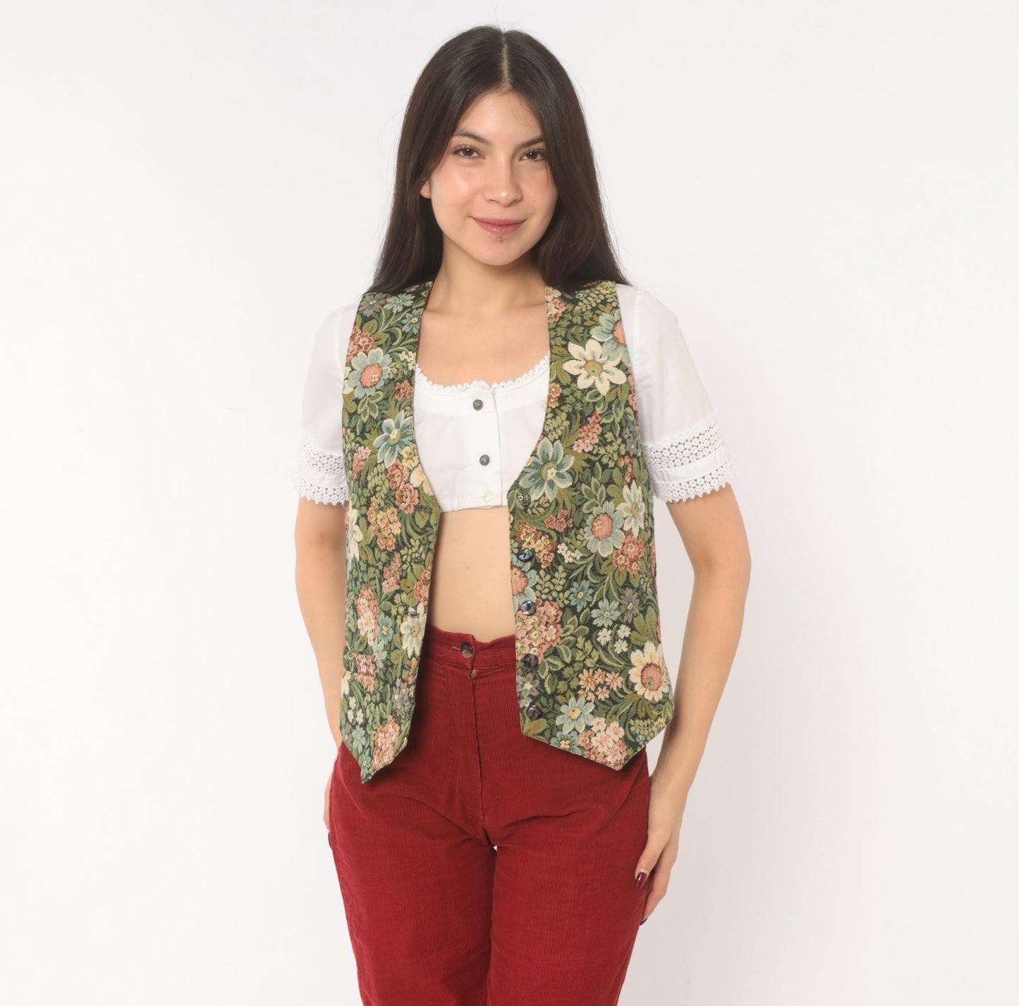 90s Di Di Scott Floral Tapestry Vest Button Front V Neck Olive Green Pink Small