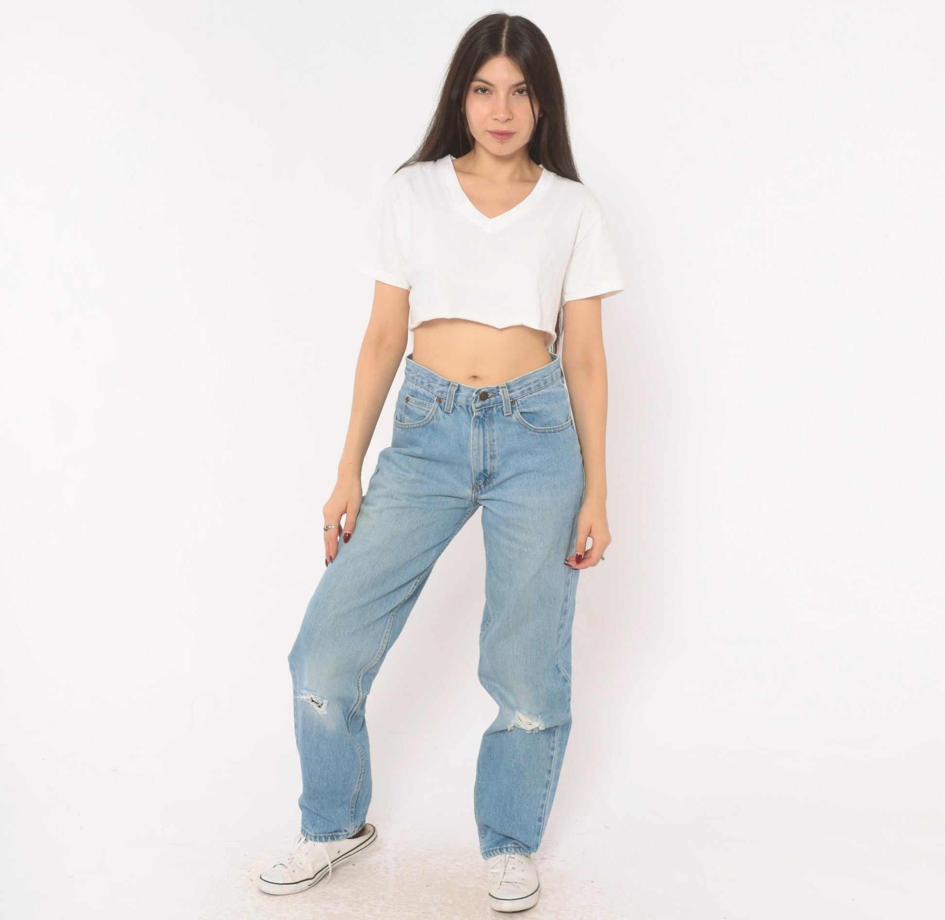 90s Light Wash Straight Leg High Rise Jeans Distressed Knee Rip Denim Small