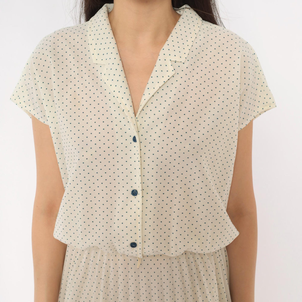 70s Promises Promises Polka Dot Dress Cream Navy Cap Sleeve Knee Length Small