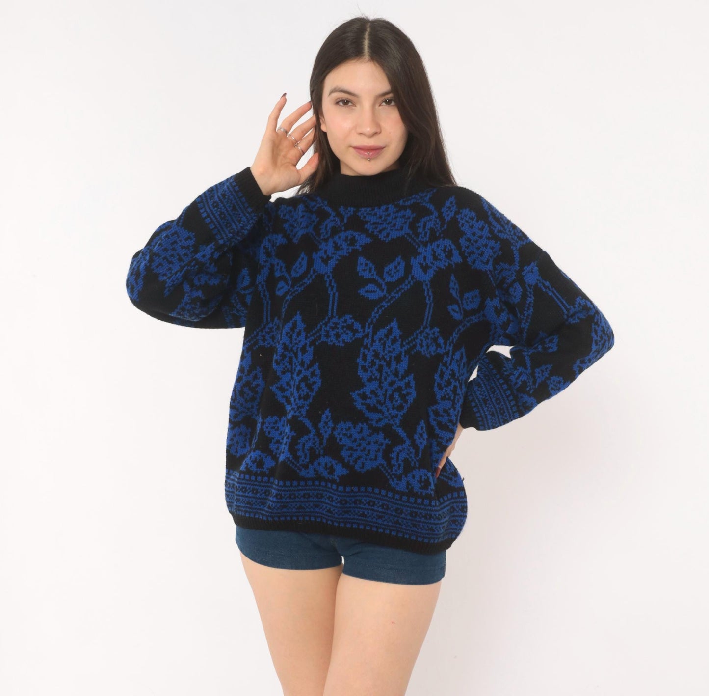 80s Jamie Scott Floral Knit Sweater Black Blue Rose Jacquard Medium