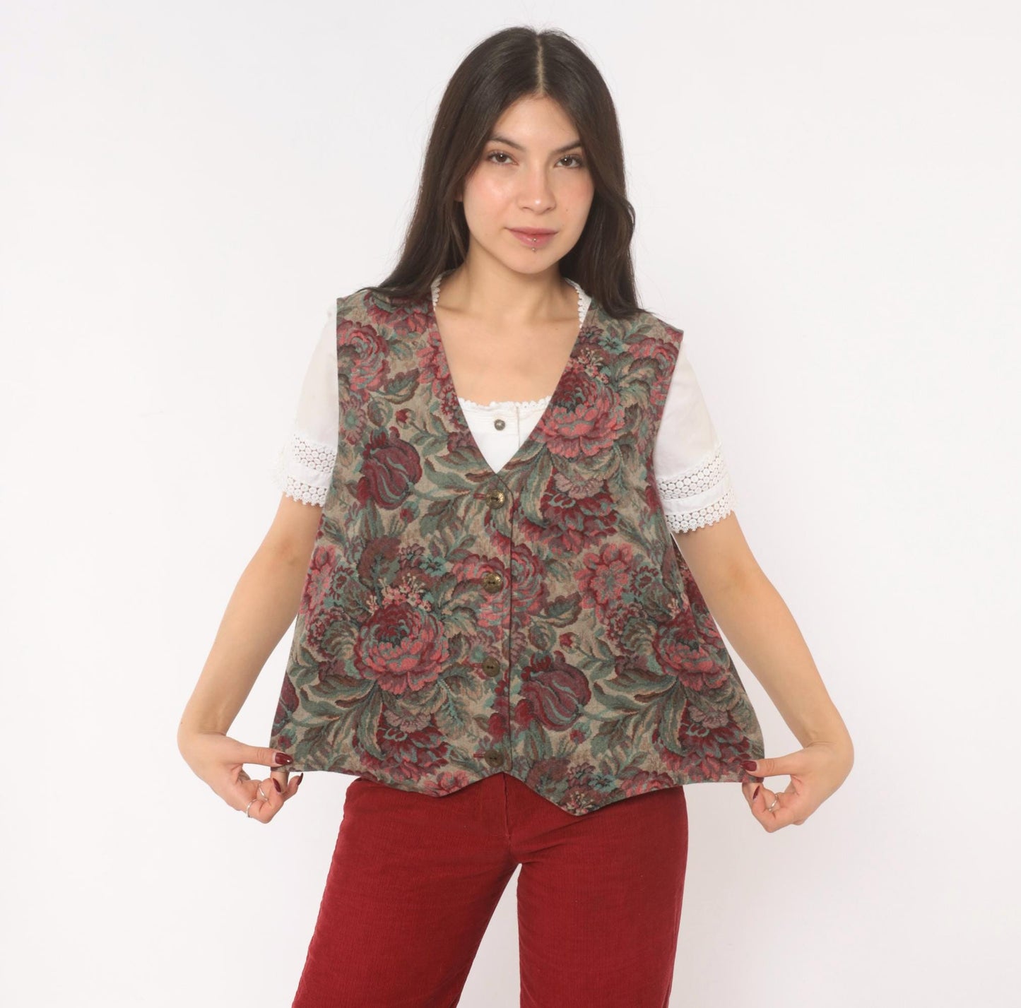 90s Floral Tapestry Vest Burgundy Teal Rose Jacquard Button Front Large L