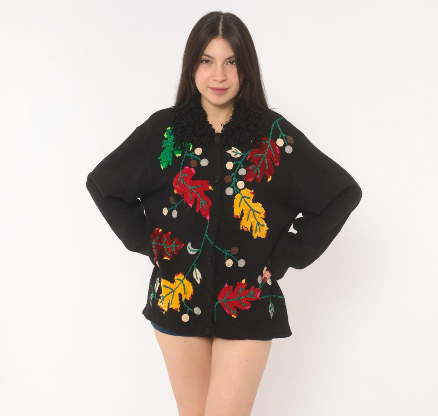 90s Victoria Harbour Black Cardigan Embroidered Autumn Leaves Large L