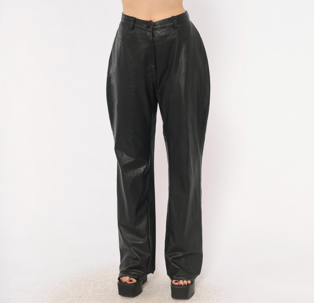 90s Black Leather Pants High Waist Straight Leg Moto Trousers Medium M