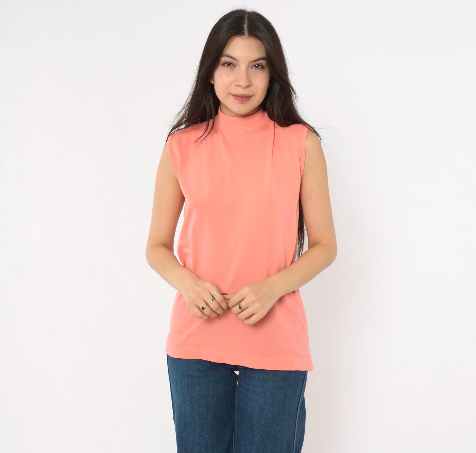 70s Booth Bay Coral Tank Top Mock Neck Sleeveless Blouse Large L