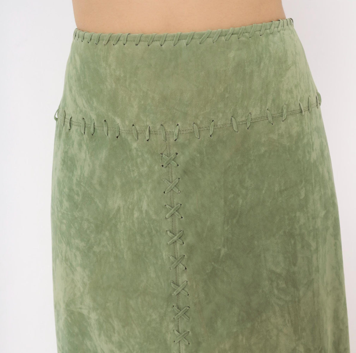 Y2K Mint Green Faux Suede Skirt Canyon Road Whipstitch Knee Length Extra Large