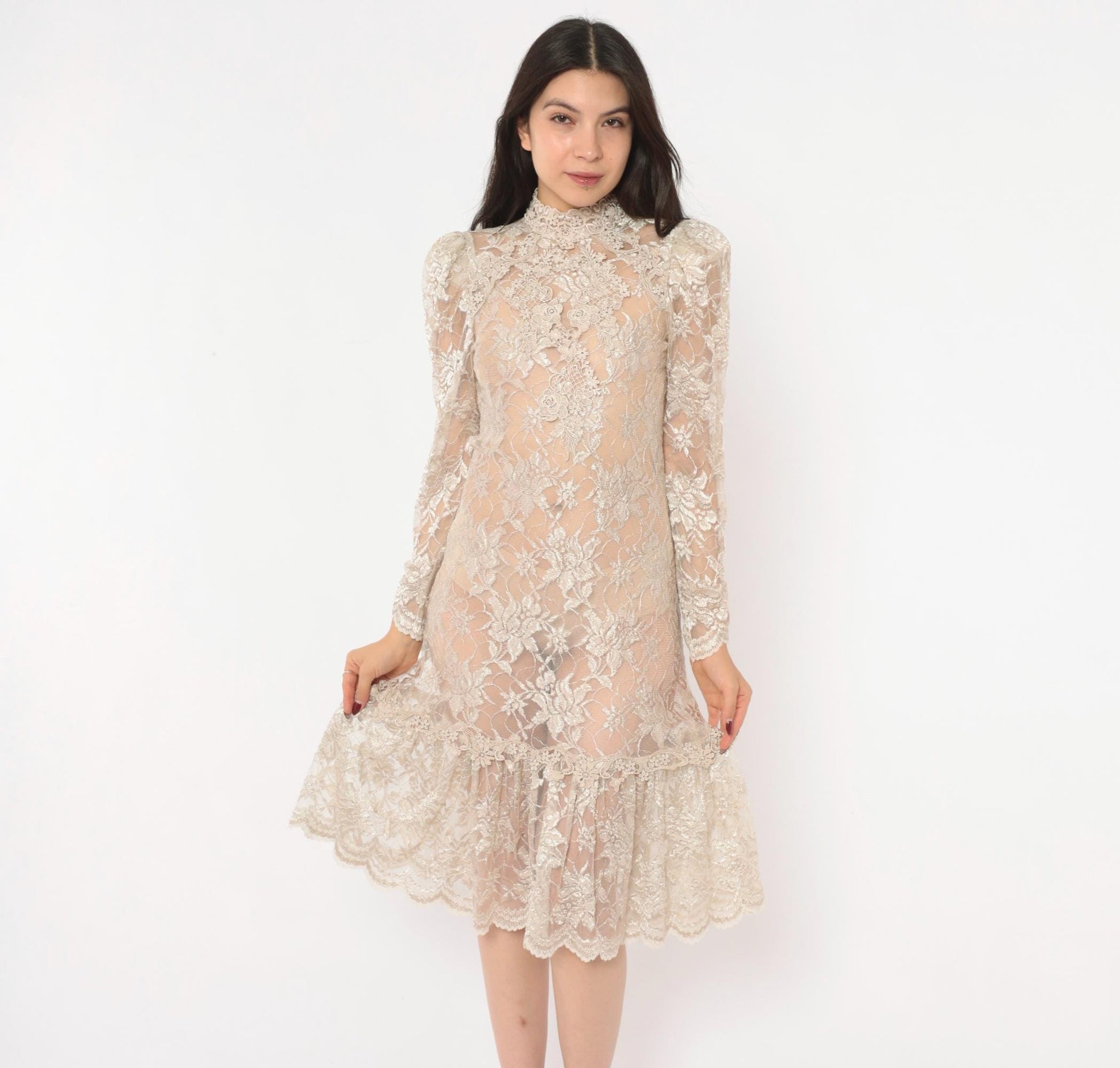 90s Cream Floral Lace Dress Pearl Button Back Puff Sleeve Small