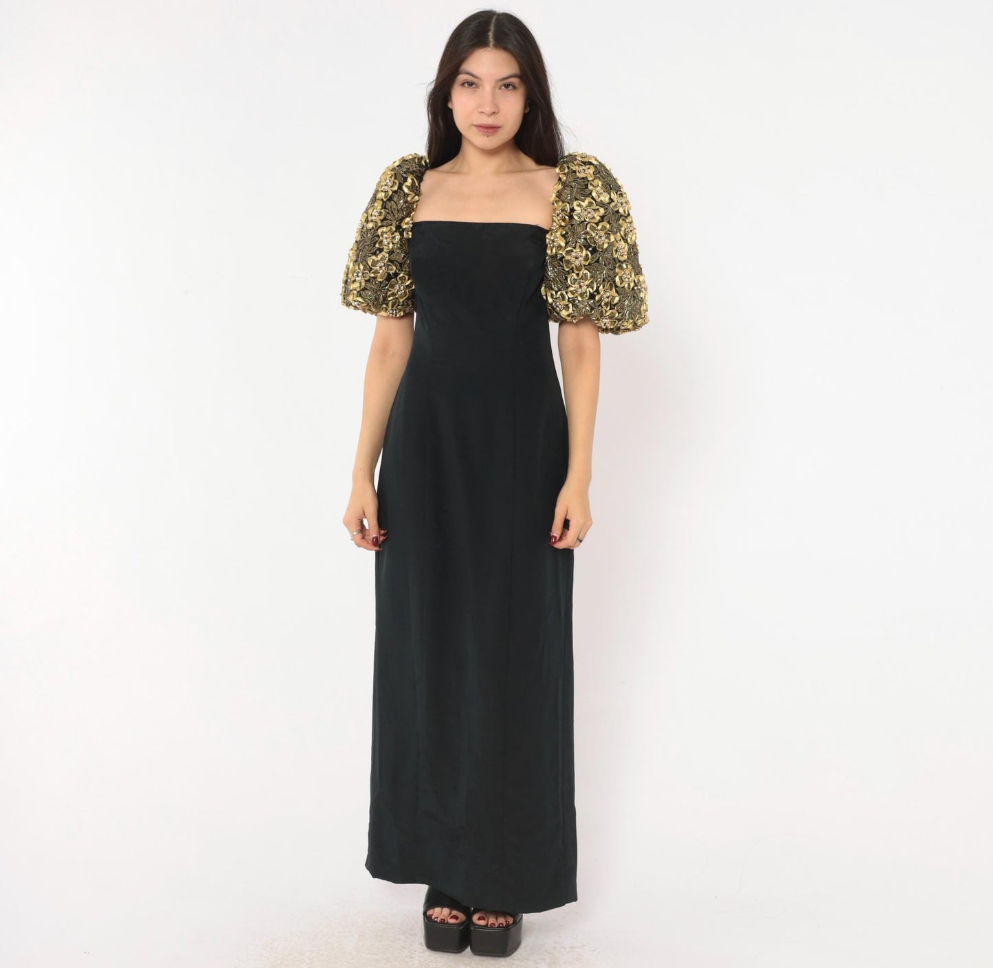 80s Eve of Milady Black Maxi Gown Gold Puff Sleeve Beaded Floral Medium