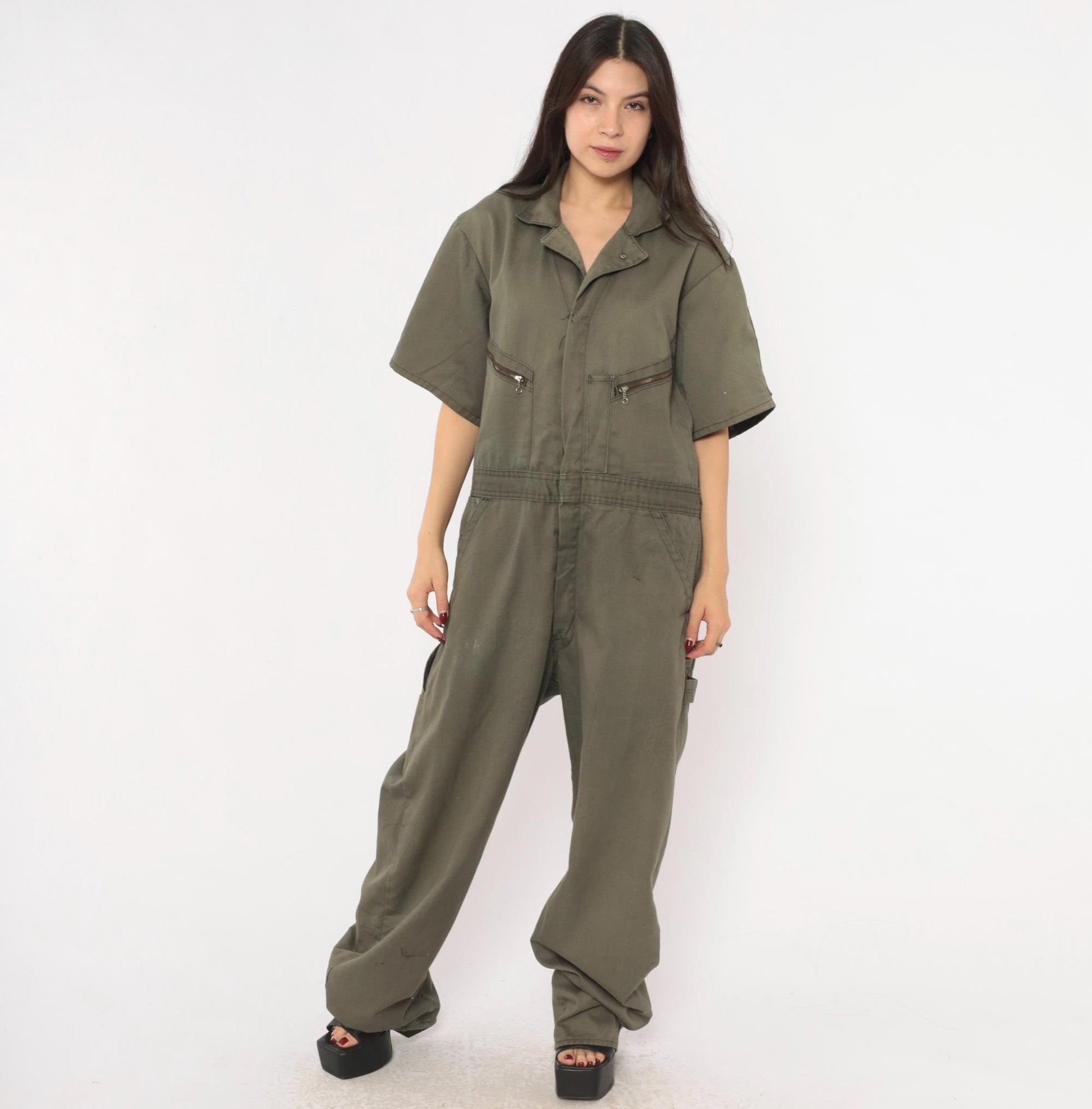 90s Dickies Olive Coveralls Zip Front Short Sleeve Jumpsuit Workwear Extra Large