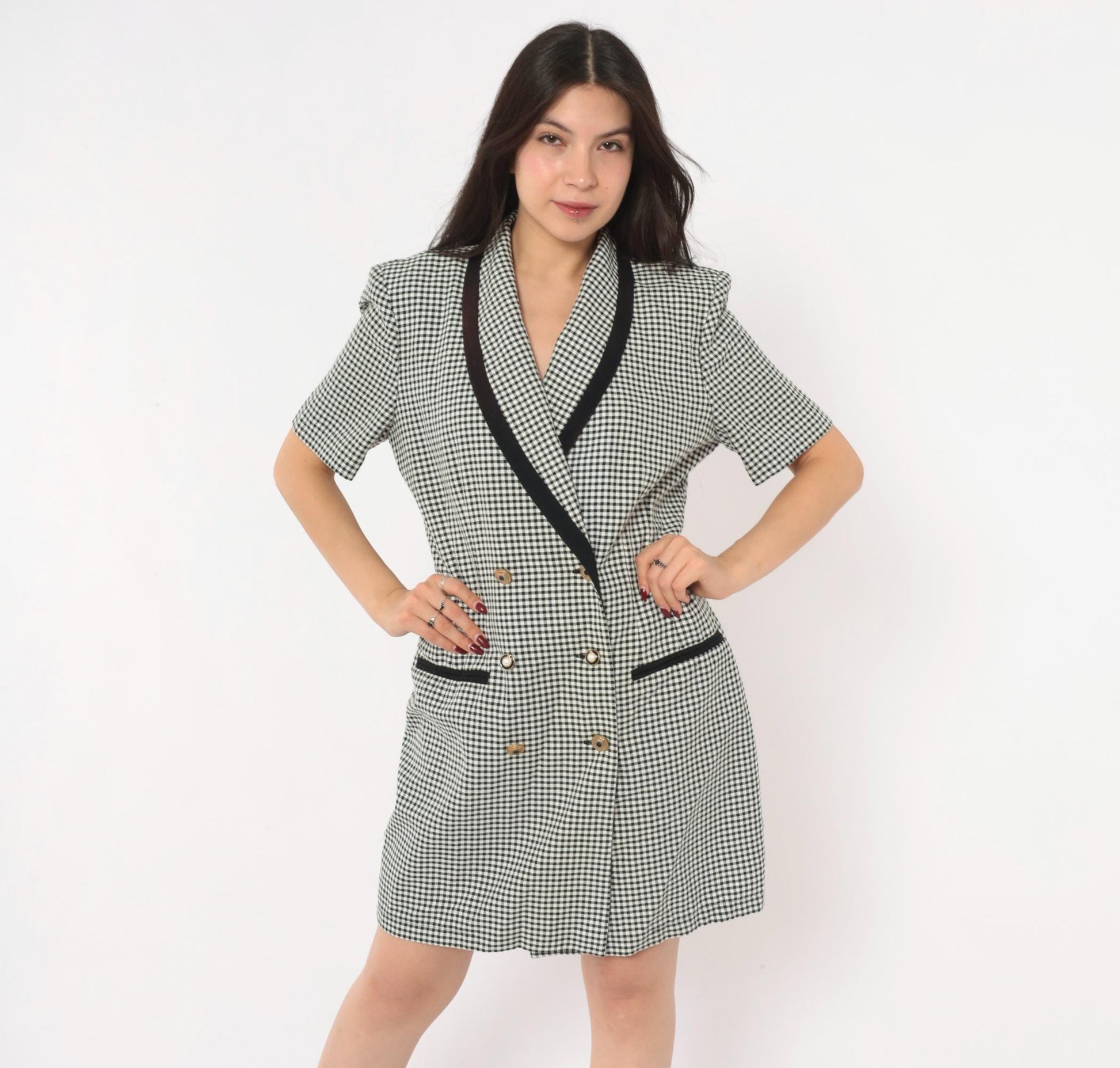 80s Danny & Nicole Gingham Blazer Dress Black White Check Large