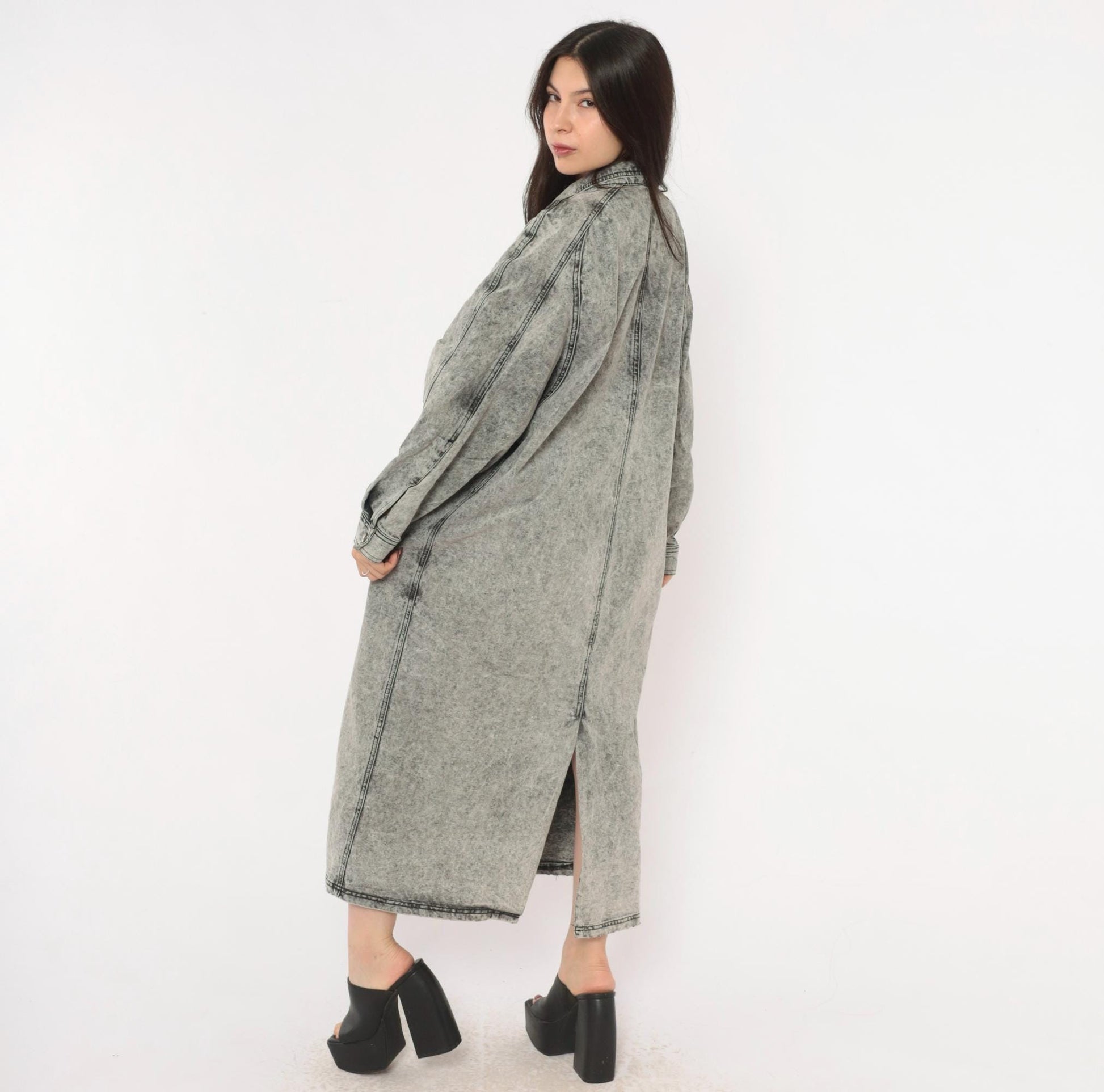 90s Acid Wash Denim Duster Grey Snap Front Maxi Jacket Cotton Medium M