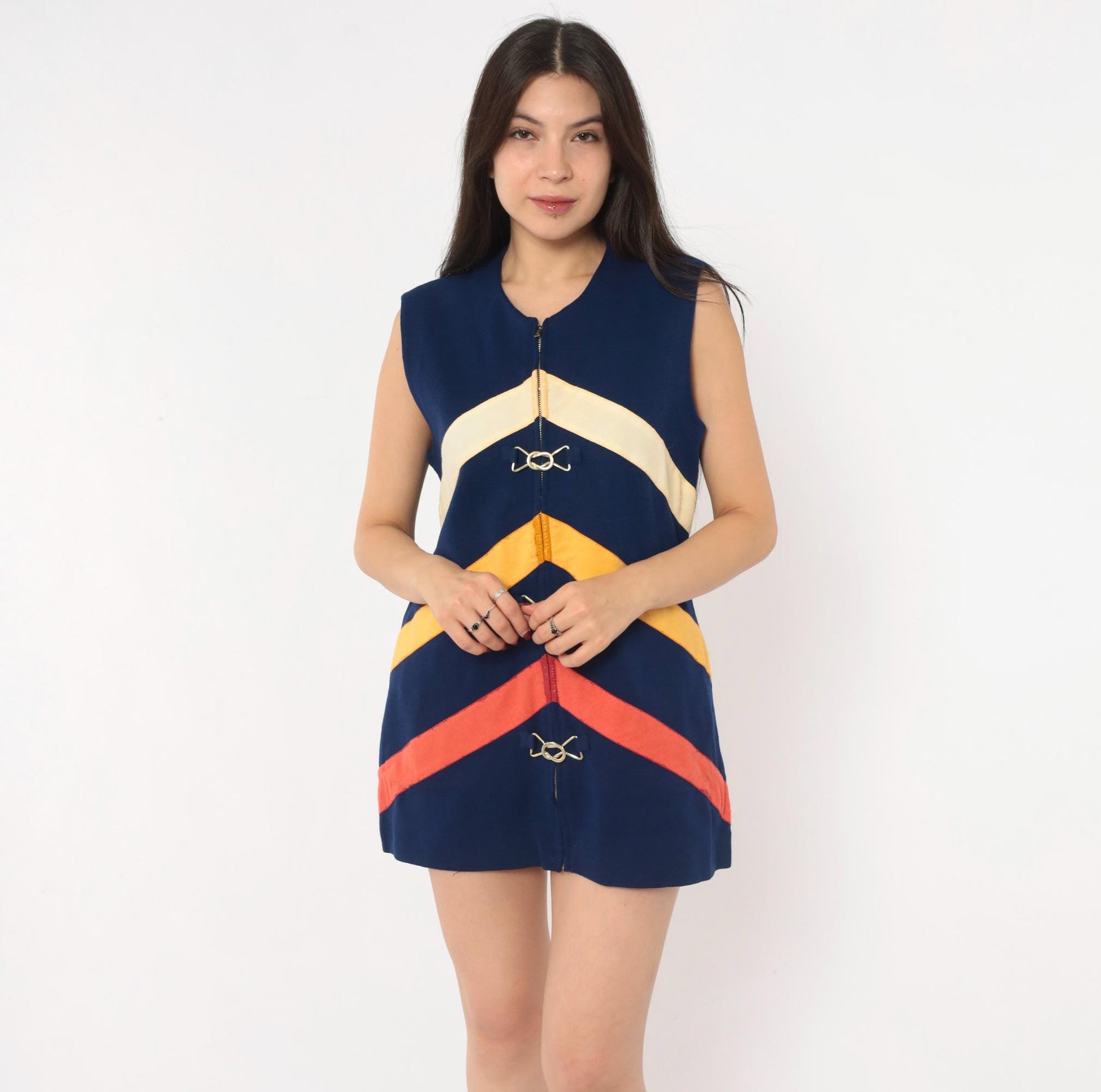60s Di Costa Wool Chevron Stripe Mini Dress Navy Cream Gold Coral Zip Front Medium