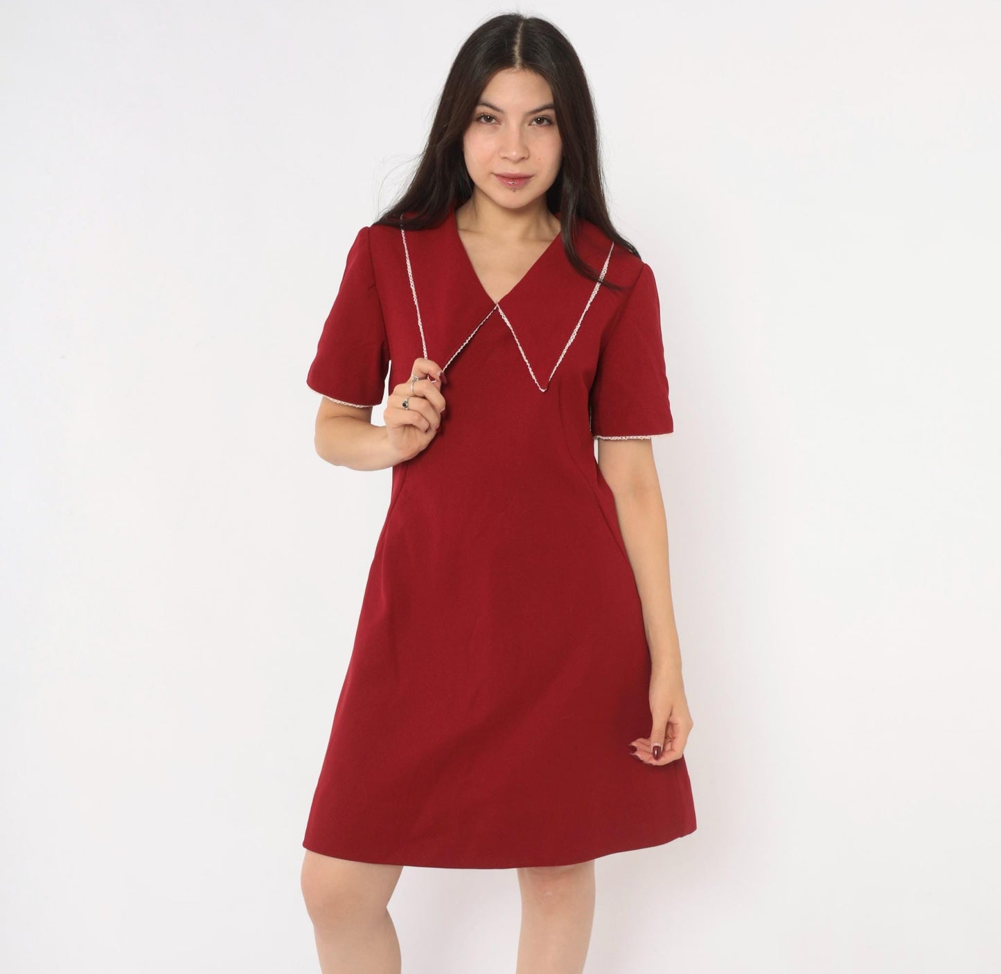 70s Burgundy Sailor Collar A-Line Dress Lace Trim Knee Length Medium