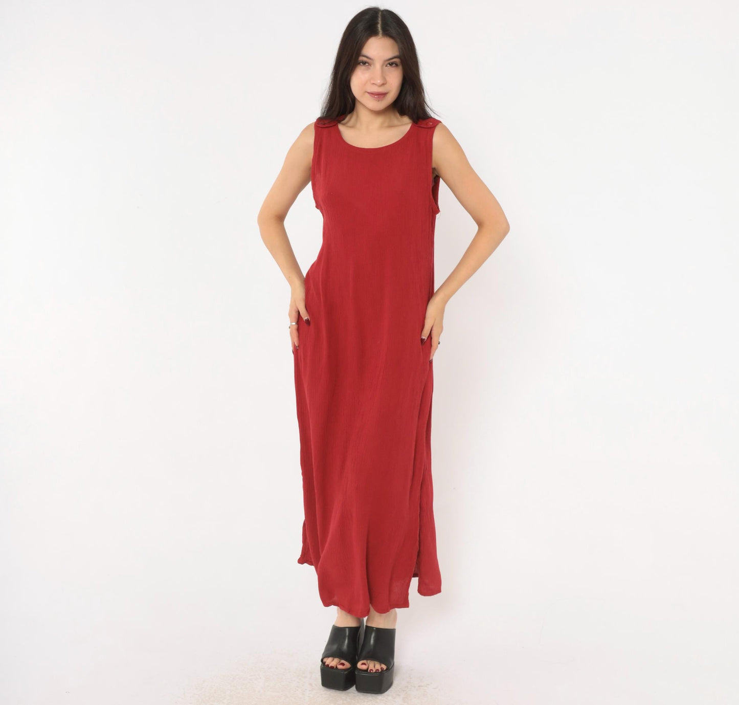90s Sag Harbor Cranberry Maxi Dress Sleeveless Shoulder Buttons Extra Large