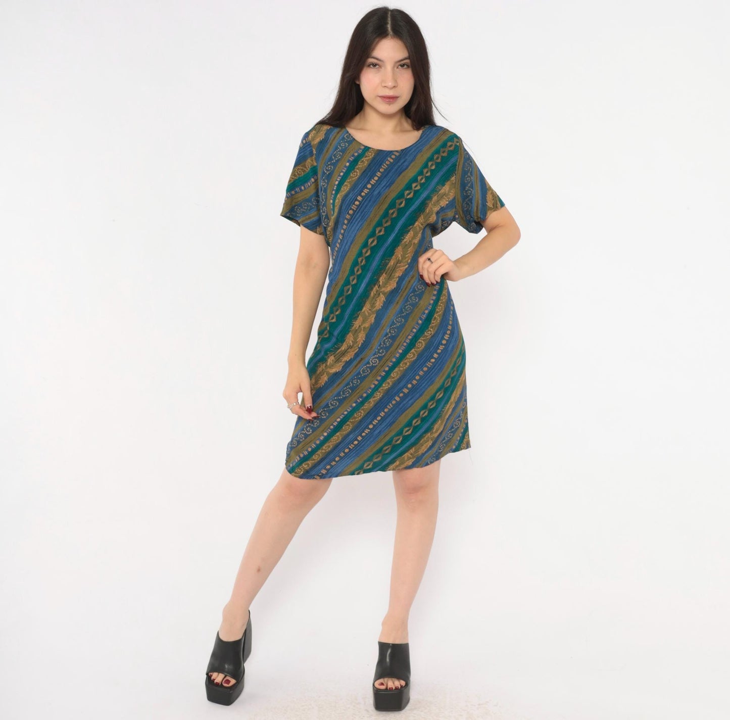 90s Tribal Geometric Sundress Blue Teal Gold Diagonal Stripe A-Line Medium M