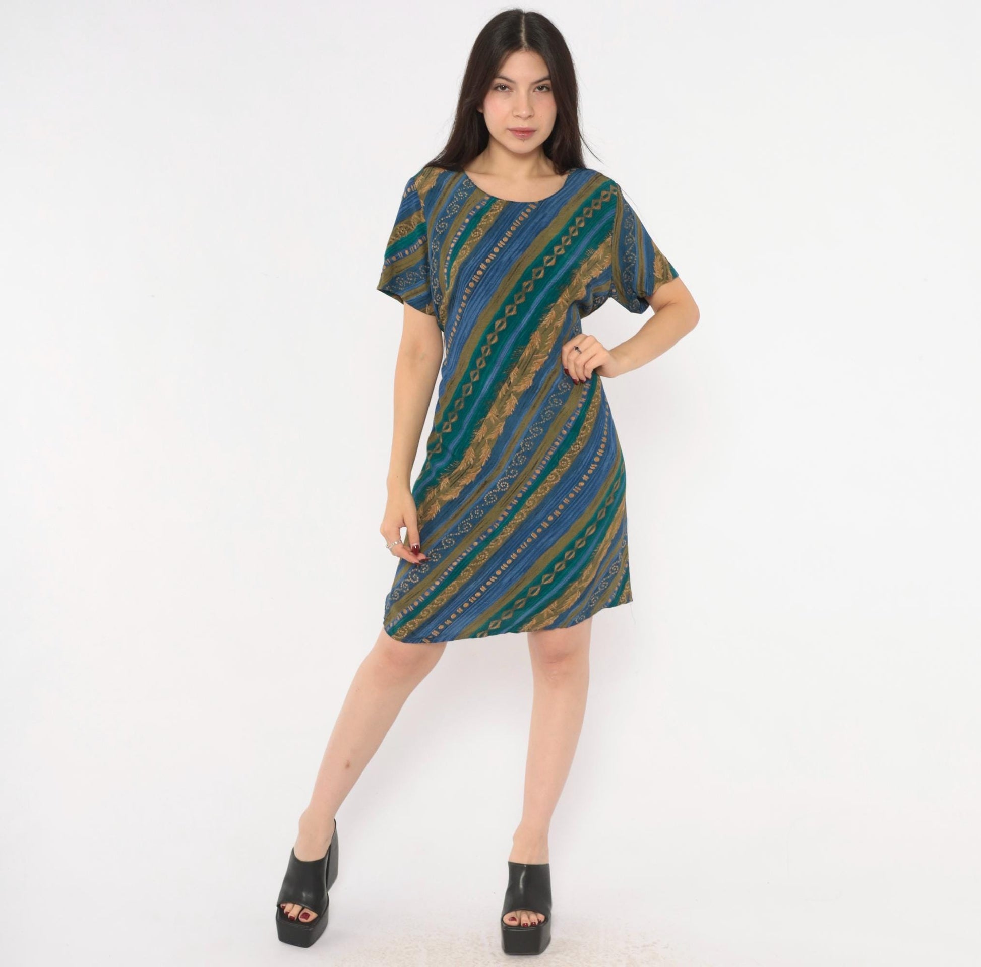 90s Tribal Geometric Sundress Blue Teal Gold Diagonal Stripe A-Line Medium M