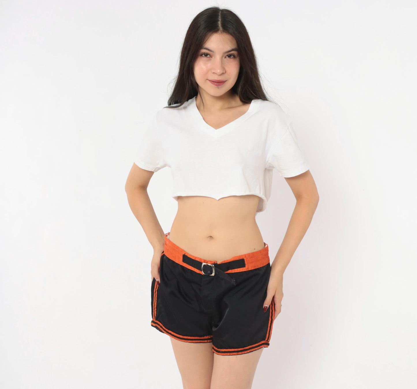 70s Mason Black Athletic Shorts Orange Stripe High-Waist Dolphin Medium M