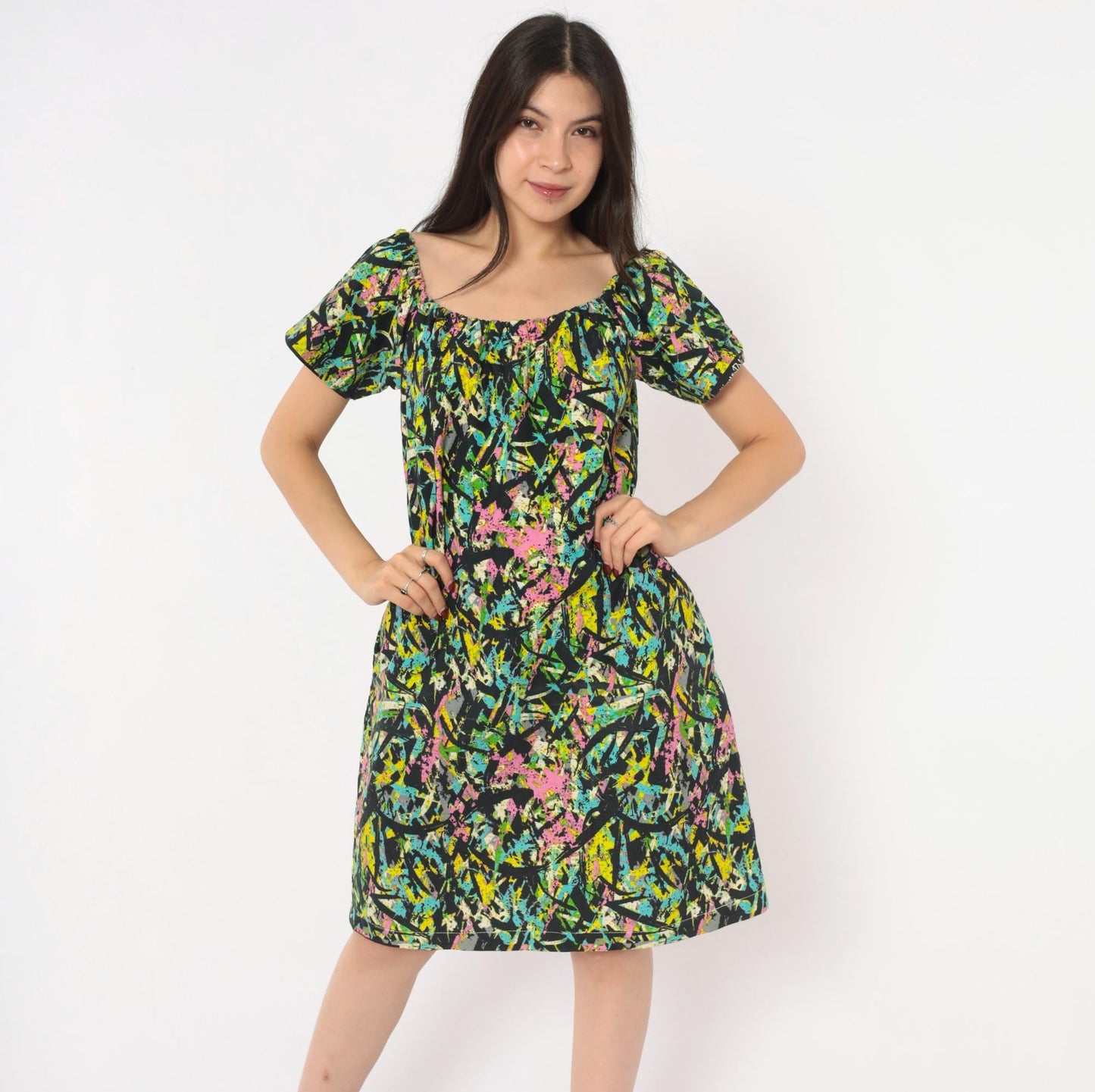 70s Splatter Paint Shift Dress Abstract Print Cotton A-Line Medium