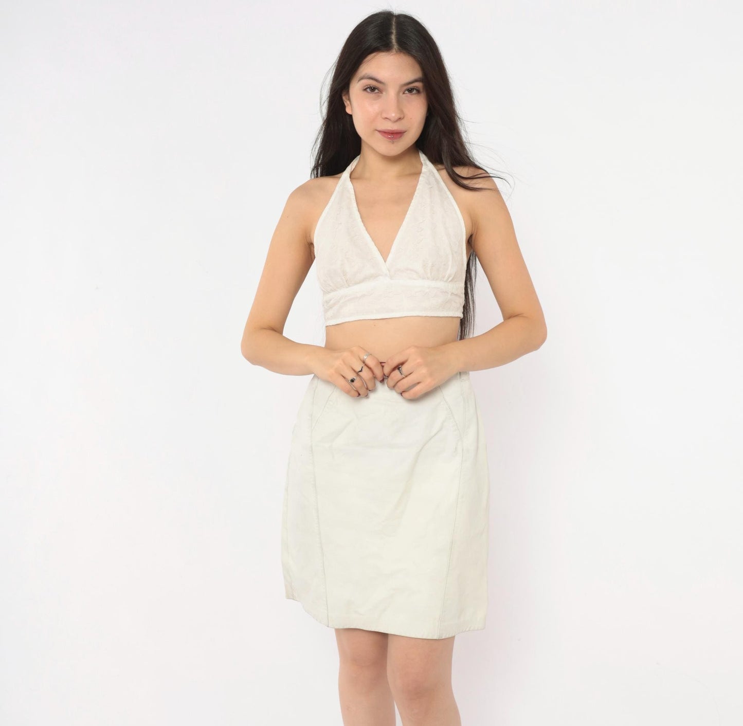 80s Ivory Leather Mini Skirt A-Line High Waist Paneled Seam Detail Small S