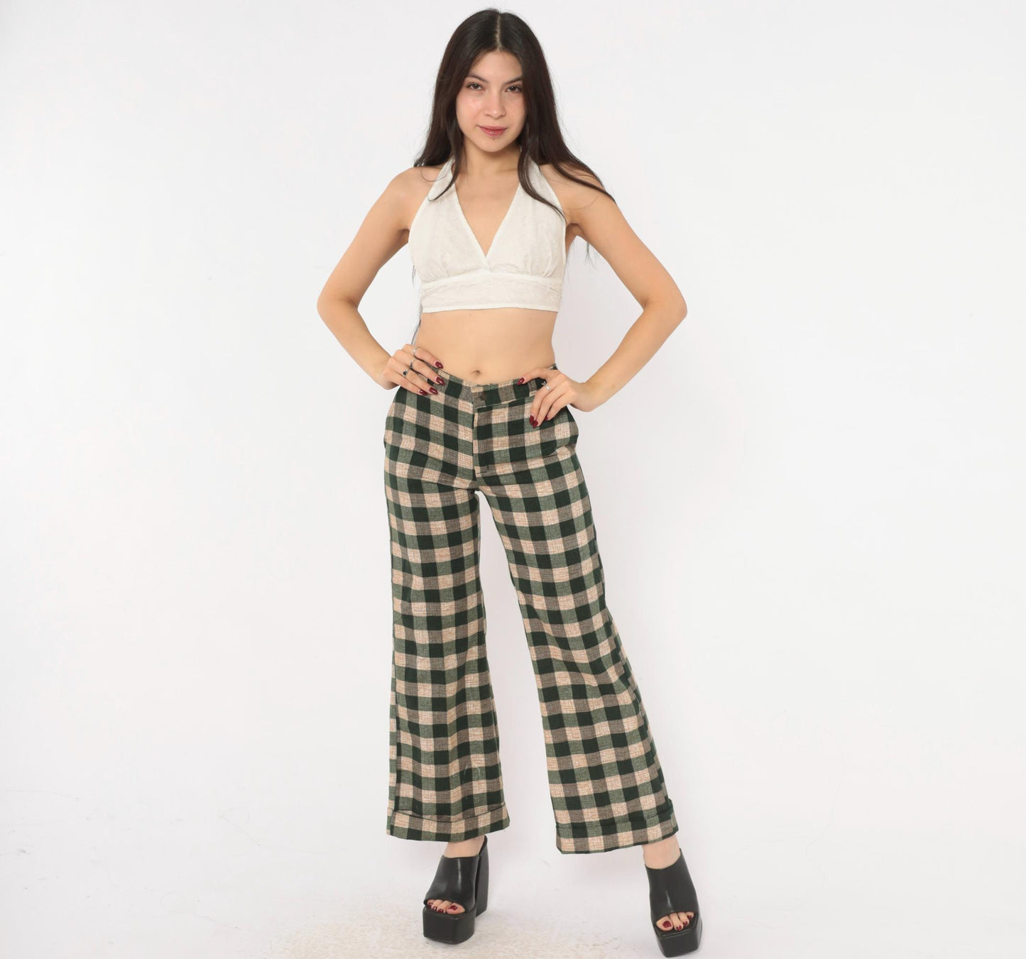 70s Tale Lord Green Tan Buffalo Check Flare Pants High Waist Extra Small XS