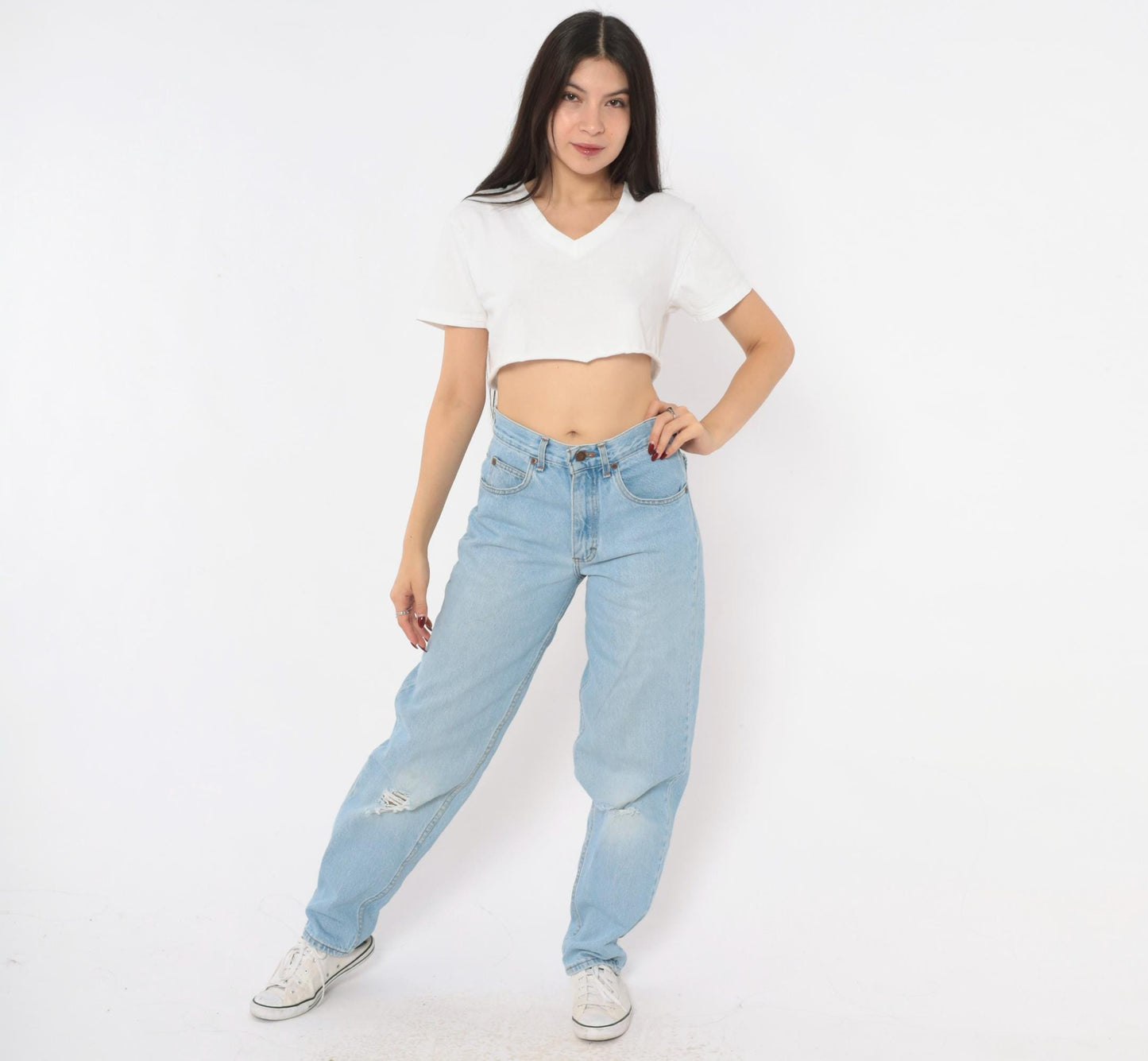 90s Classic Style High Waist Straight Leg Jeans Light Wash Distressed Knee Small