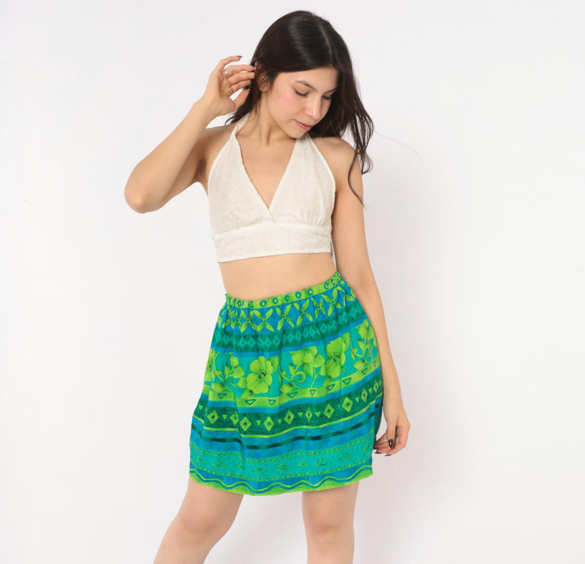90s Green Floral Mini Skirt Teal Diamond Geometric Print Elastic Waist Extra Small