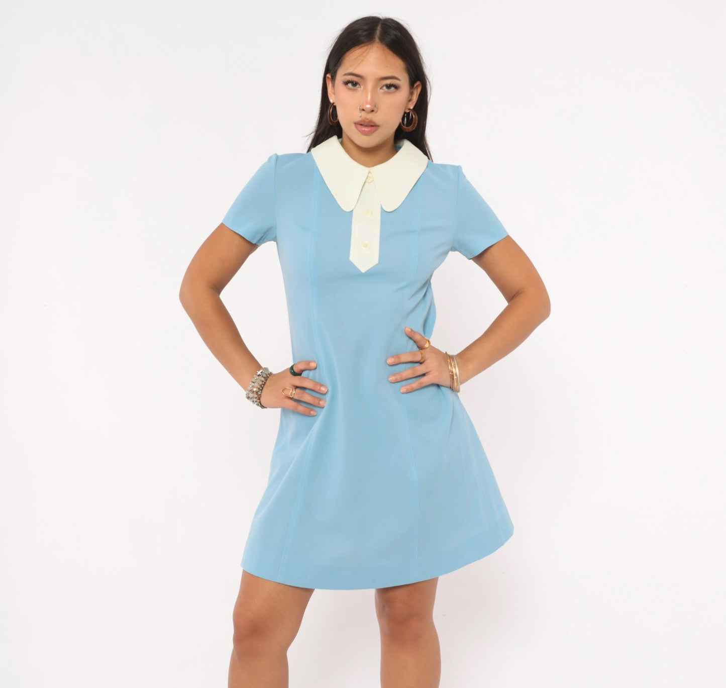 70s Unidress Sky Blue Peter Pan Collar Mini Shift Dress Small