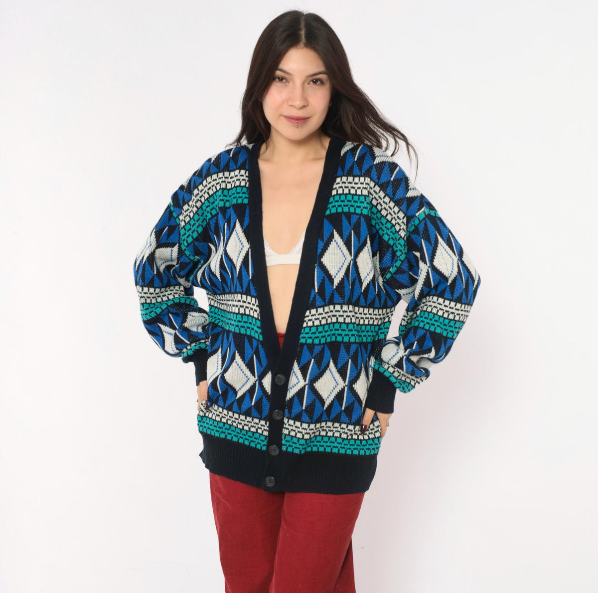 90s Sun Set High Way Geometric Knit Cardigan Navy Teal Diamond Fair Isle Large L