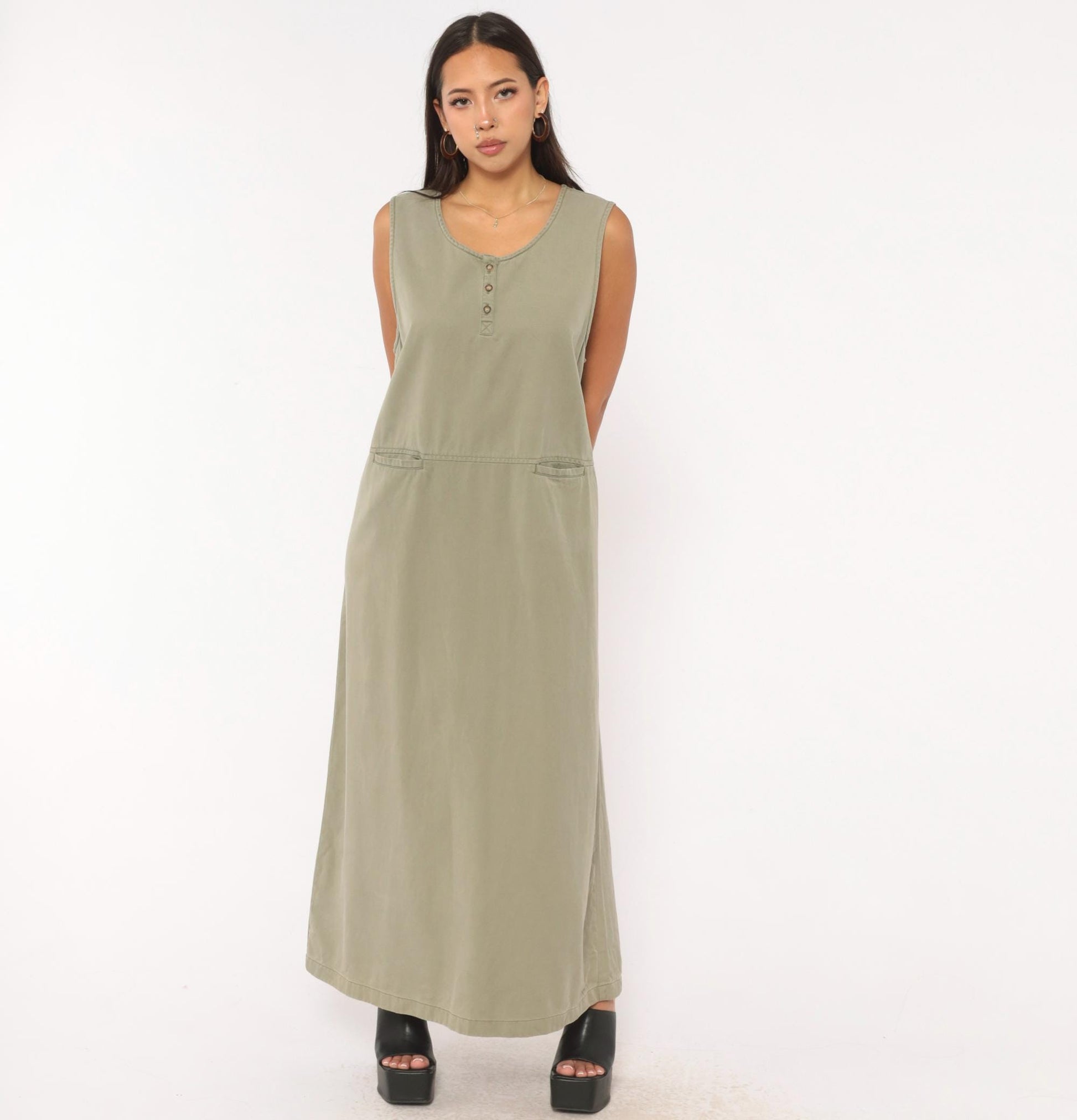 90s L.L.Bean Sleeveless Maxi Dress Sage Olive Cotton A-Line Pockets Extra Large XL