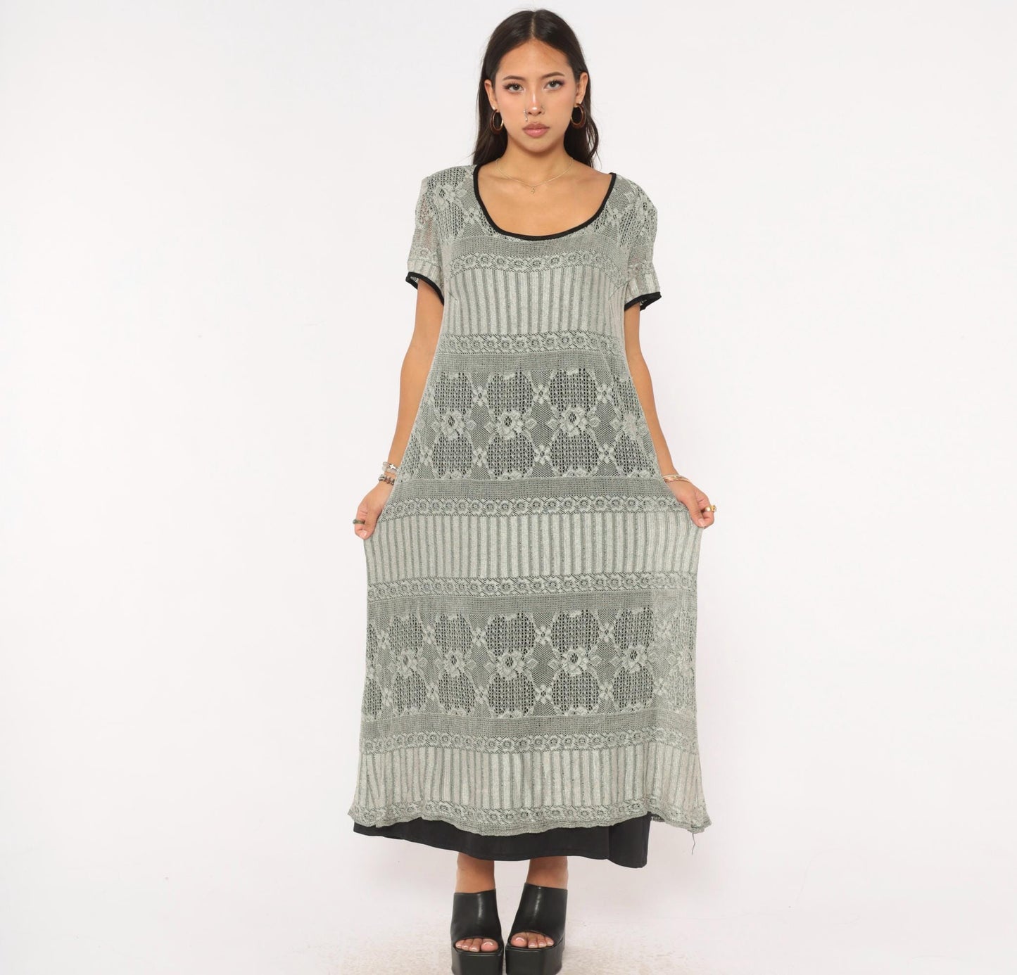 90s Grey Diamond Lace Knit Maxi Dress A-Line Short Sleeve Large L