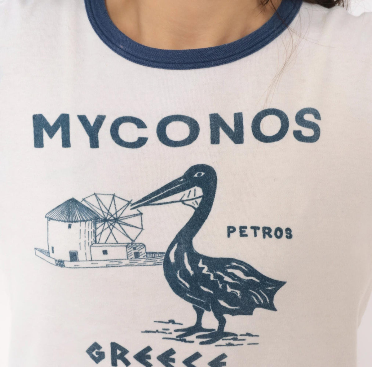 80s Mykonos Greece Ringer Tee White Navy Pelican Windmill Cotton Medium