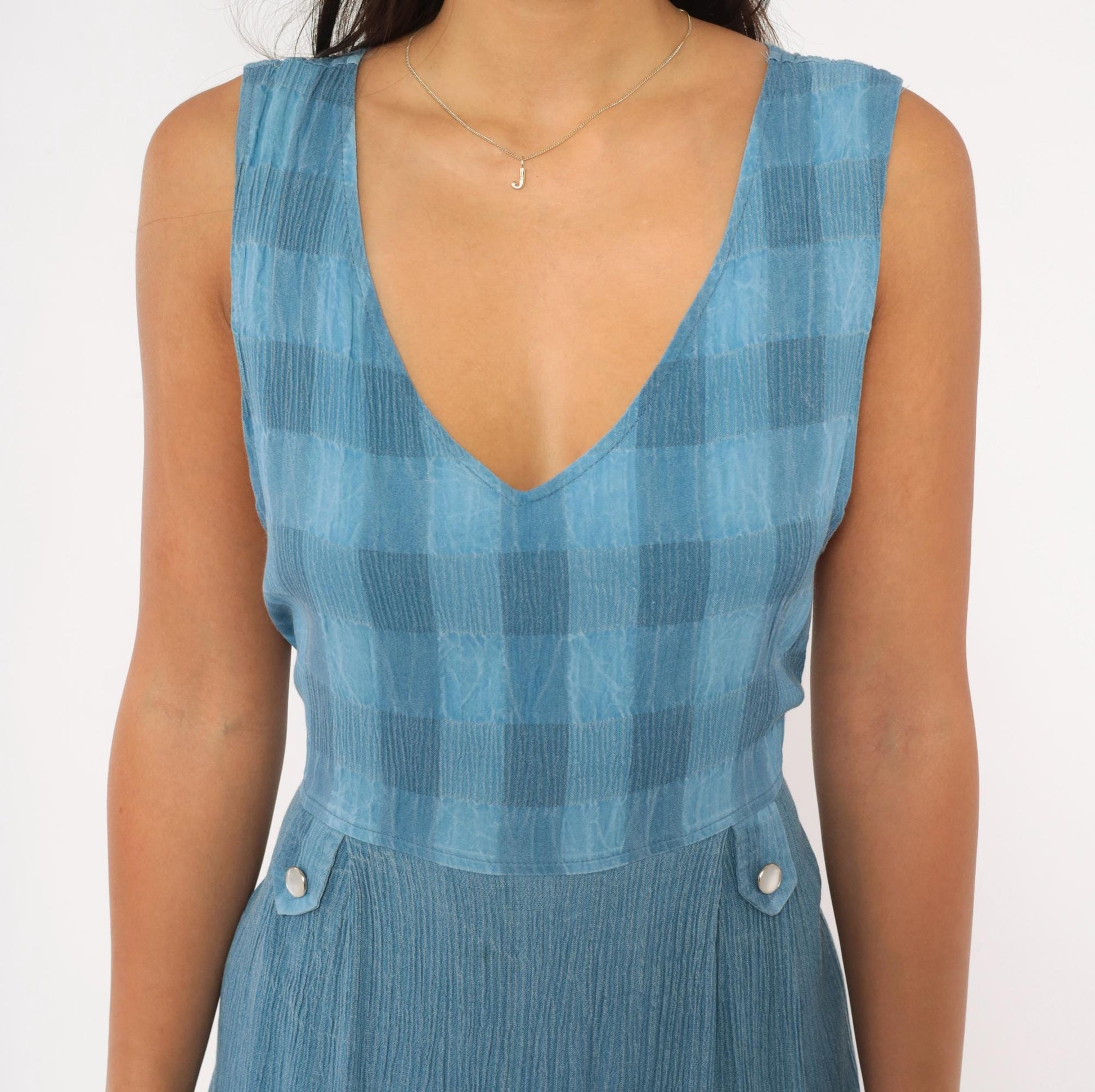 90s Whirlaway Frocks Blue Gingham Midi Dress Tie Back V Neck Large L