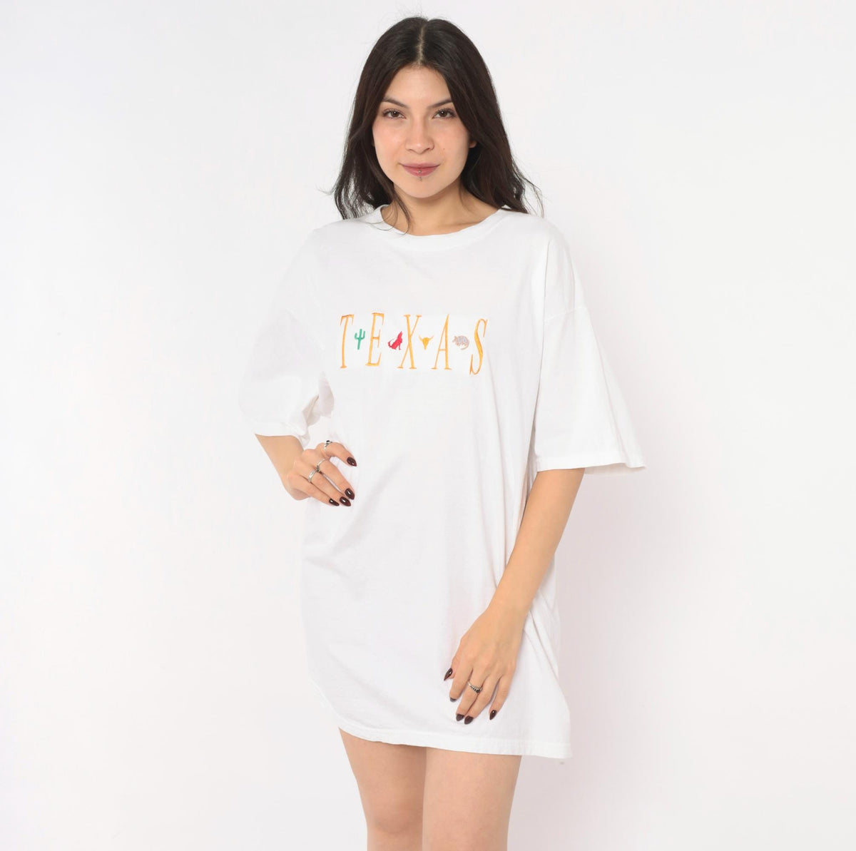 90s Tultex Texas Embroidered Tee White Cotton Cactus Longhorn Armadillo Coyote Extra Large XL
