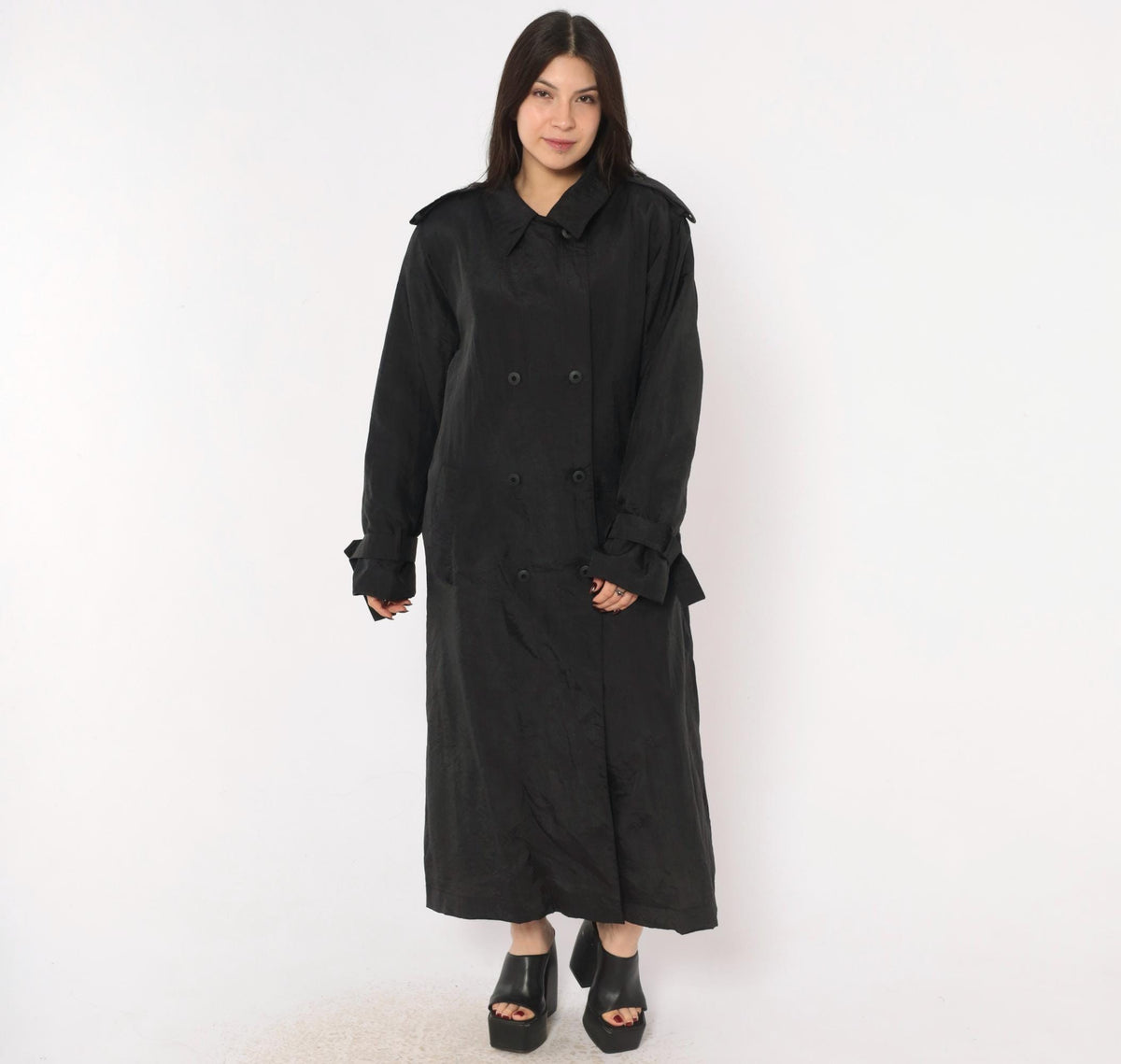 90s Jennifer Chase Black Trench Coat Double Breasted Collared Duster Extra Large XL