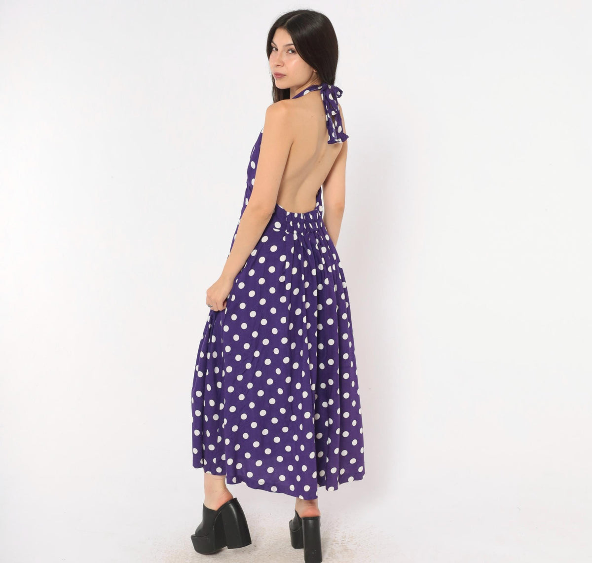 Y2K Purple White Polka Dot Halter Midi Dress Backless Rayon Large