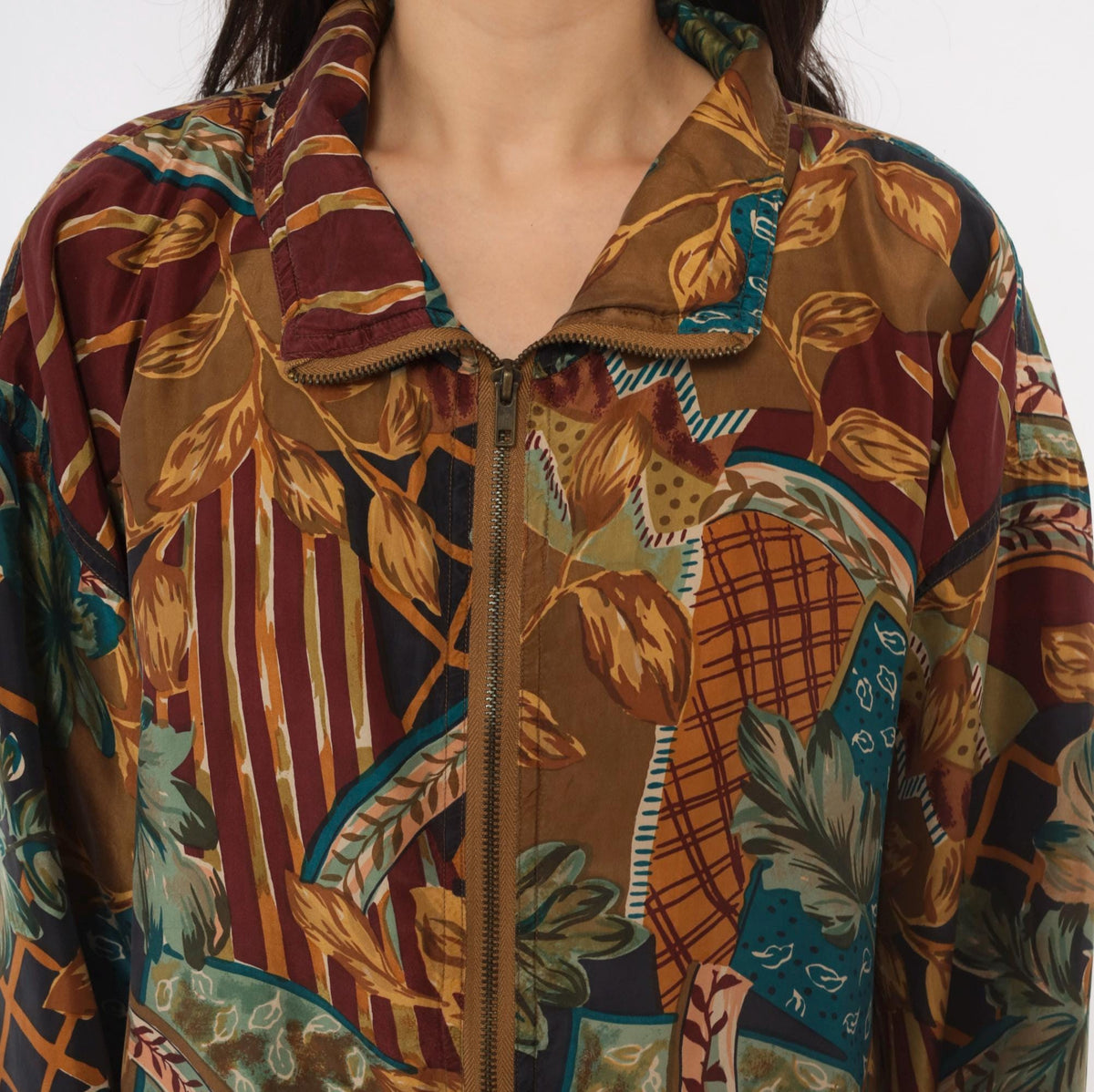 90s EVR Silk Bomber Jacket Tan Patchwork Leaf Print Unisex Large L