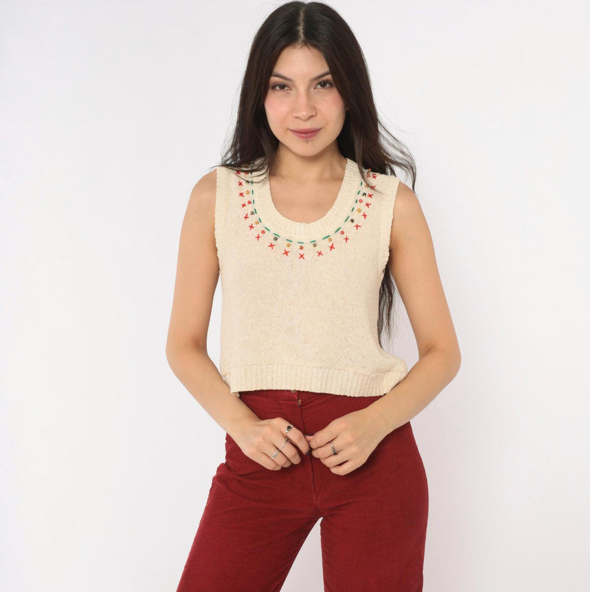 70s Cream Cotton Knit Vest Cross Stitch Embroidered Beaded Neckline Small