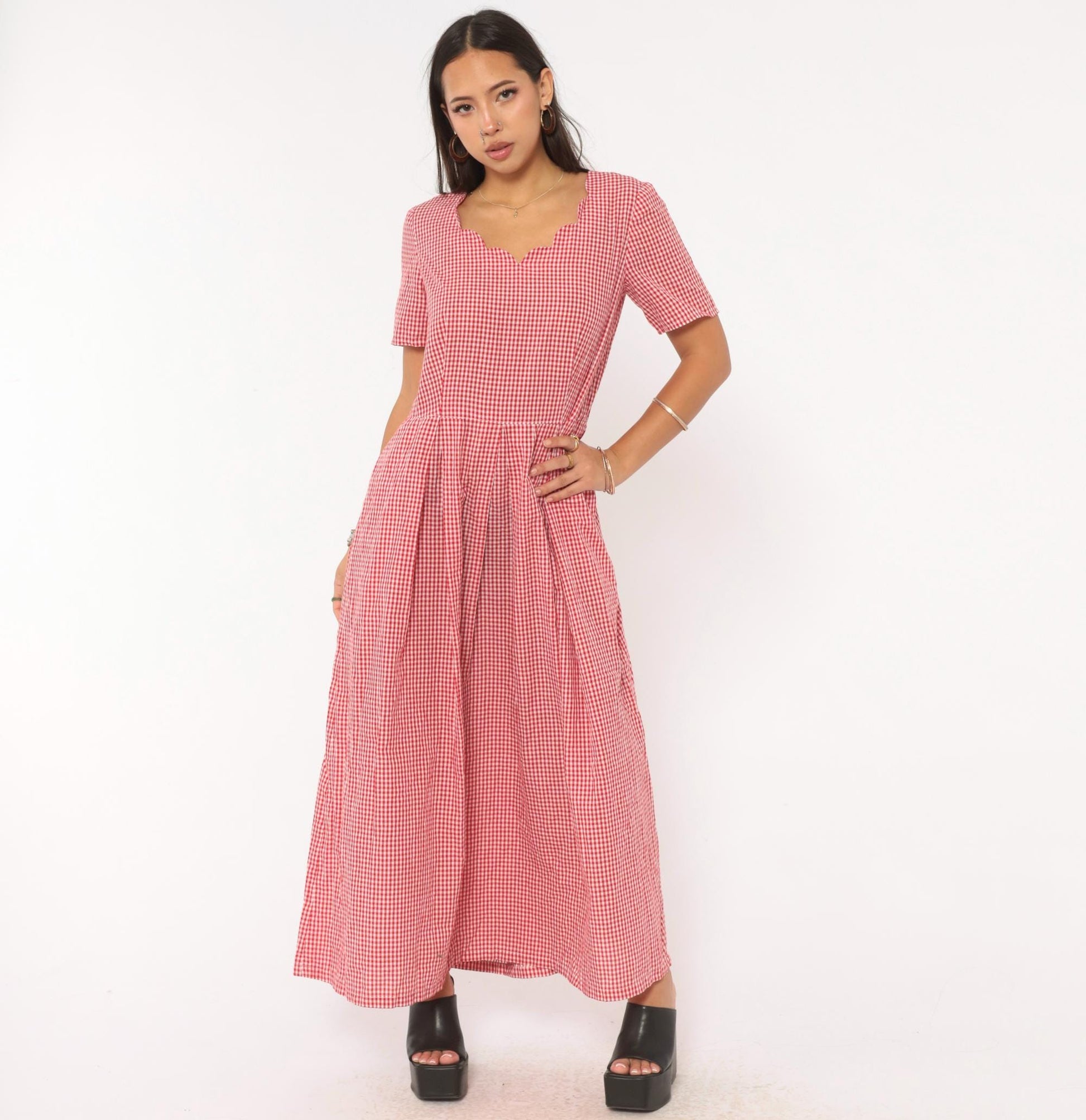 90s Red White Gingham Maxi Dress Sweetheart Neckline Pleated Cotton Large L
