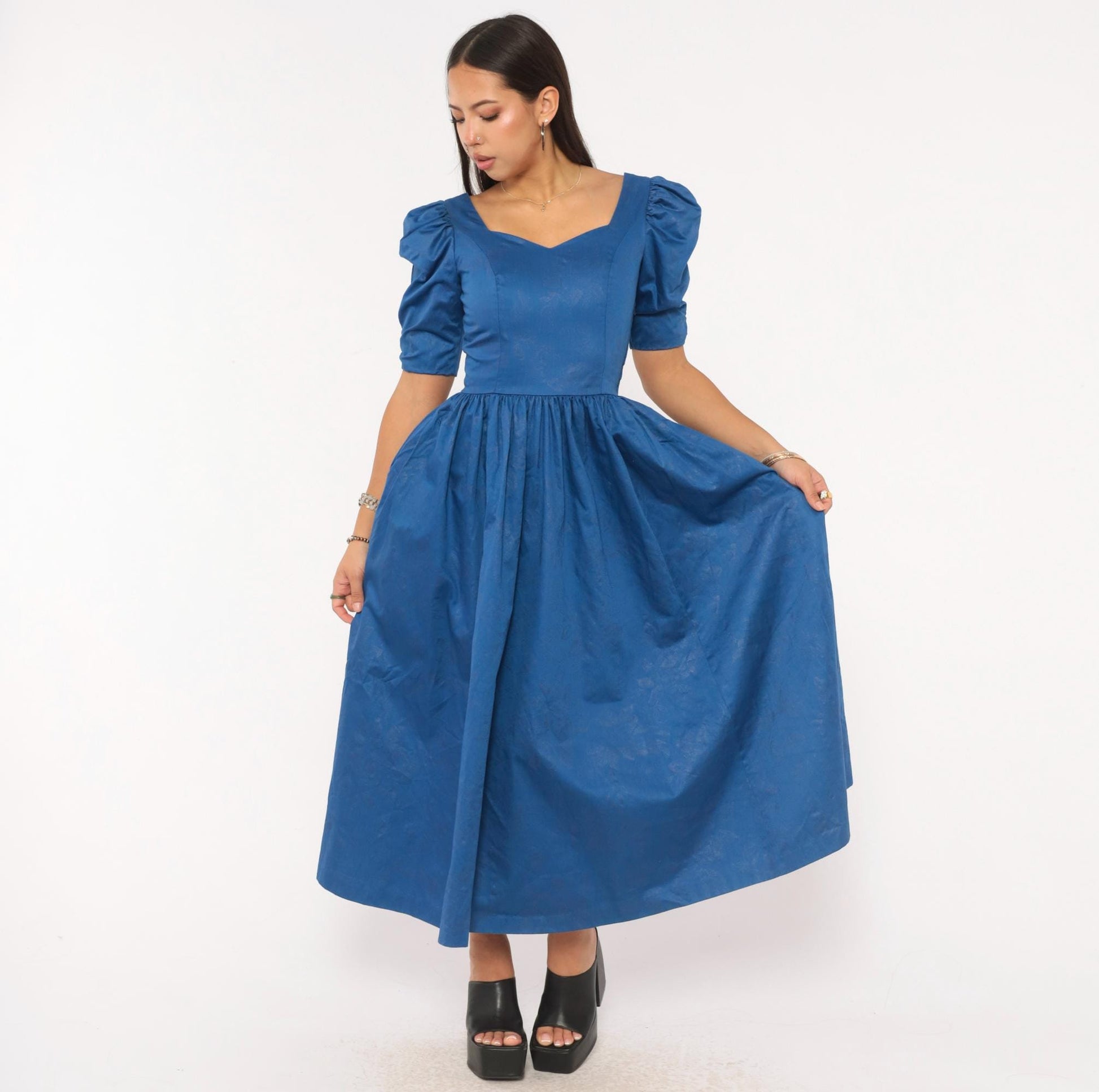 80s Laura Ashley Midi Dress Blue Cotton Puff Sleeve Sweetheart Neckline Extra Small XS