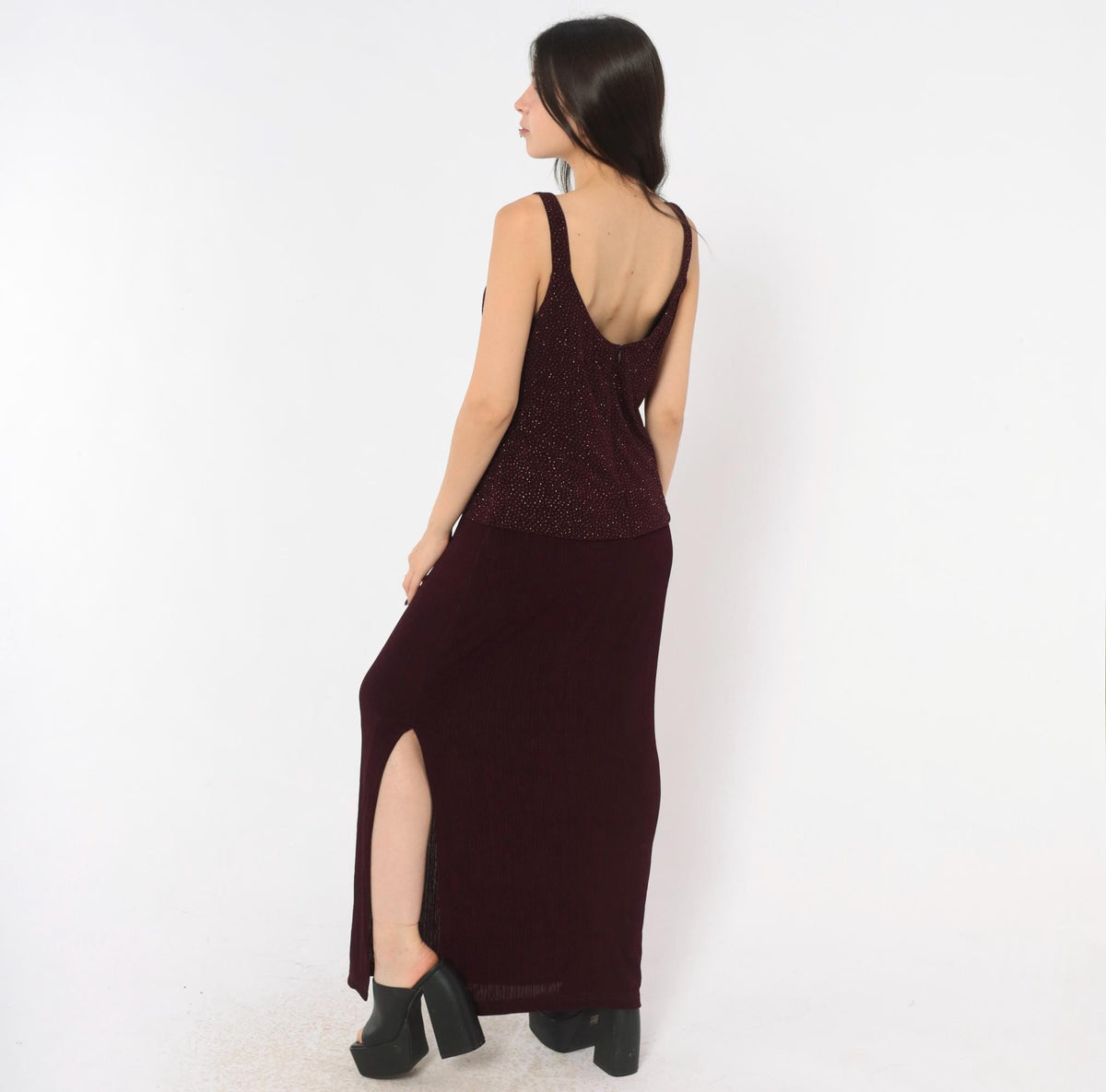 90s R&M Richards Burgundy Glitter Maxi Dress V-Neck Sleeveless Medium