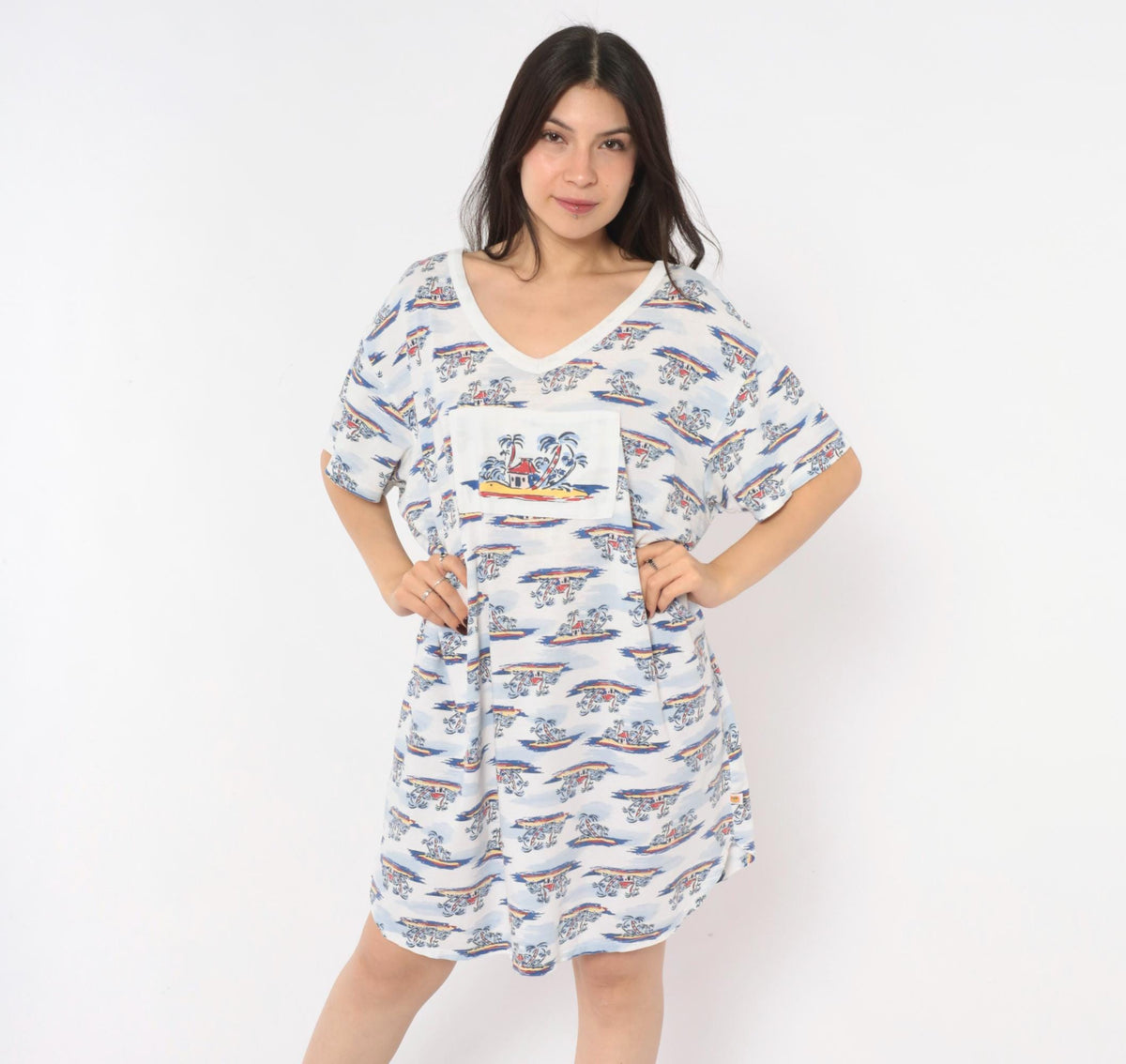 90s Down Under Tropical Palm Tree T-Shirt Dress White Blue Cotton One Size