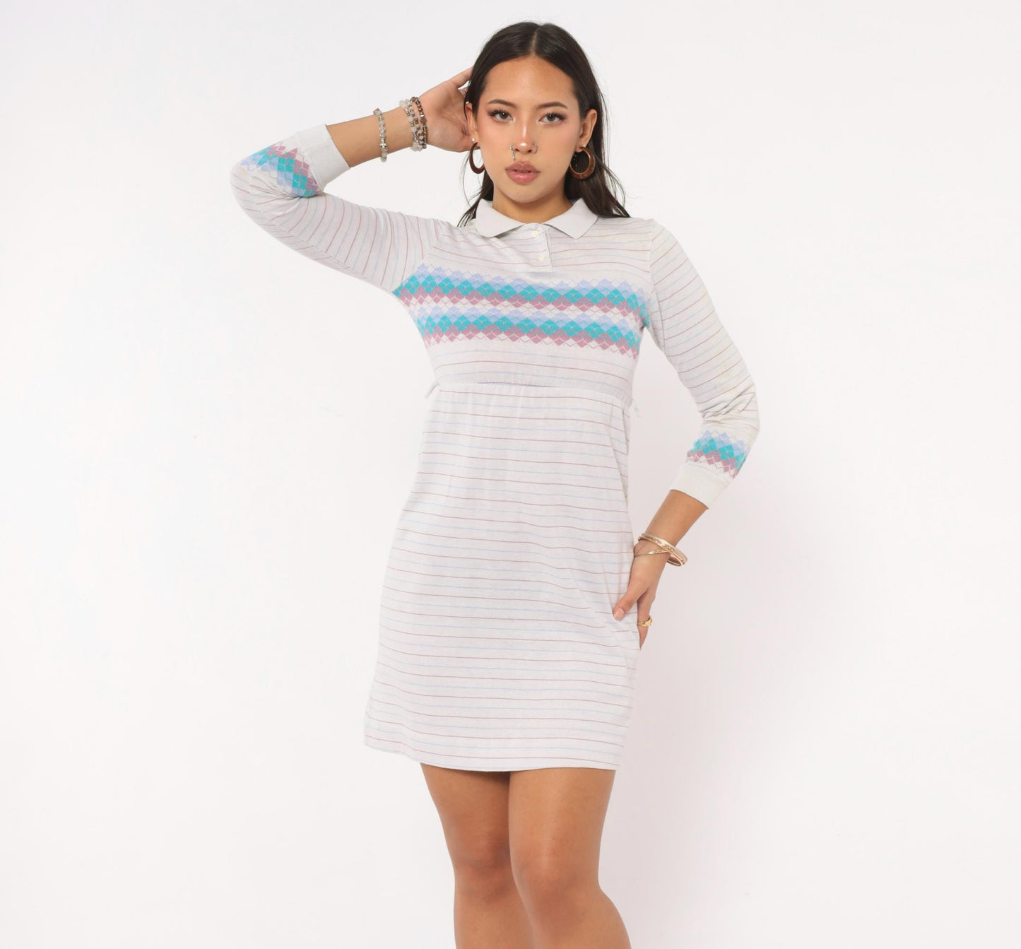 80s Health-Tex Argyle Polo Dress Grey Teal Lavender Mini Cotton XS