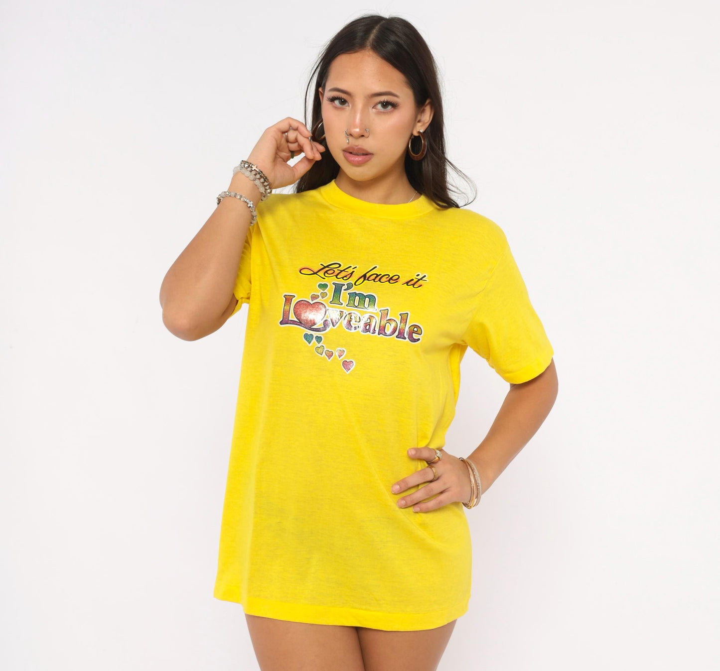 80s Ched "Let's Face It I'm Loveable" Heart Glitter Tee Yellow Graphic Slogan Large L
