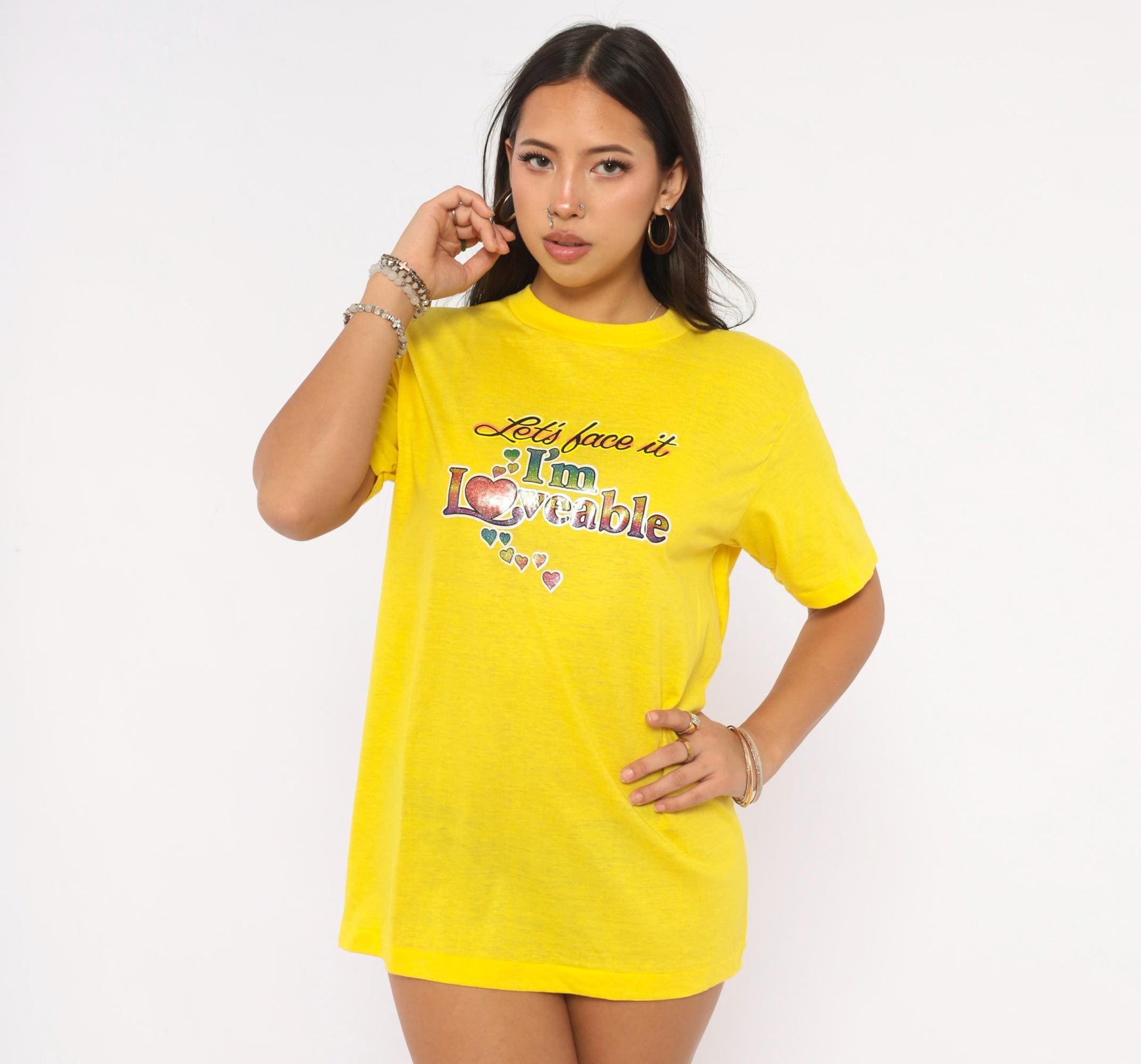 80s Ched "Let's Face It I'm Loveable" Heart Glitter Tee Yellow Graphic Slogan Large L