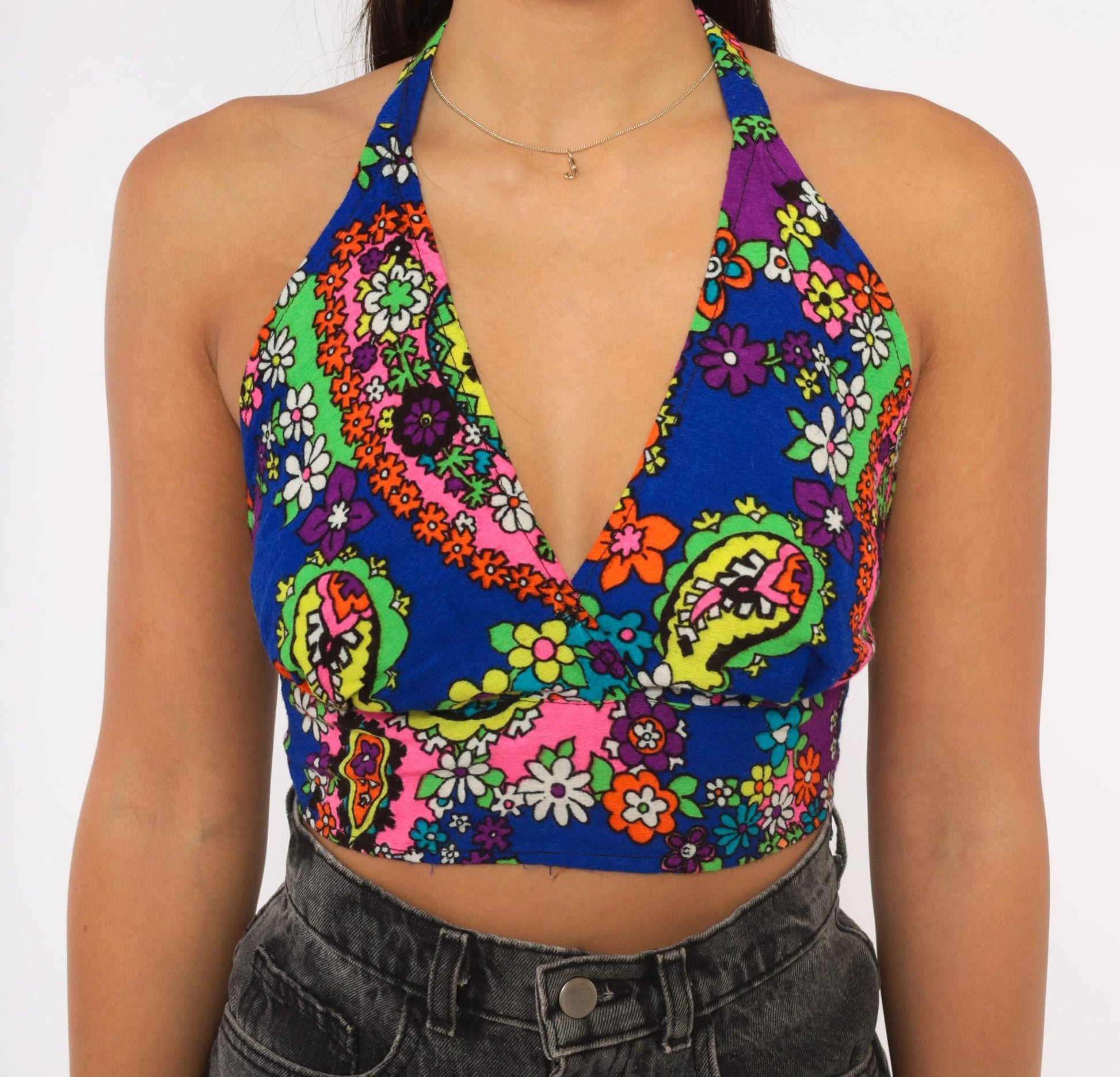 70s Psychedelic Floral Halter Crop Top Tie Back Backless Medium